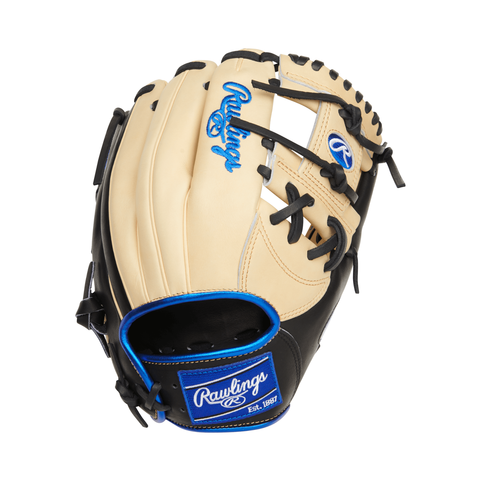 Rawlings Heart of the Hide 11.5-inch infield glove with Pro-I web in black, camel, and royal blue colors