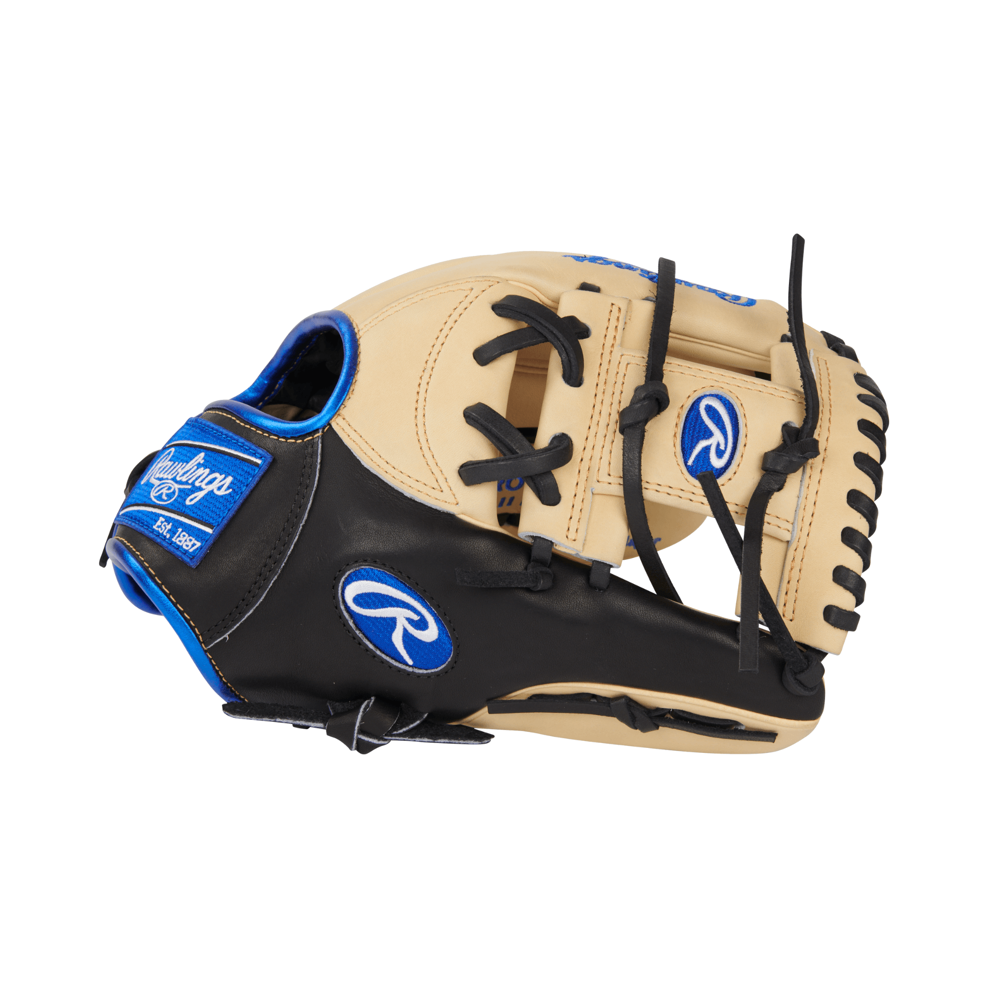 Rawlings Heart of the Hide 11.5-inch infield glove with Pro-I web in black, camel, and royal blue colors