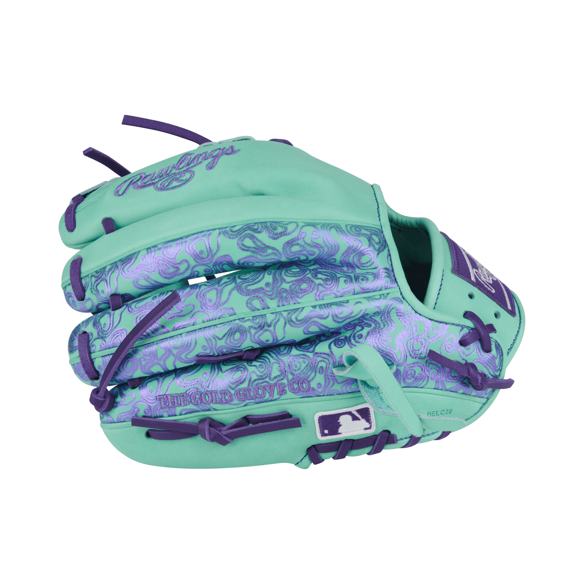 Close-up of finger stalls on Rawlings Heart of the Hide 11.5" Mint/Purple infield glove with Pro I web for quick fielding