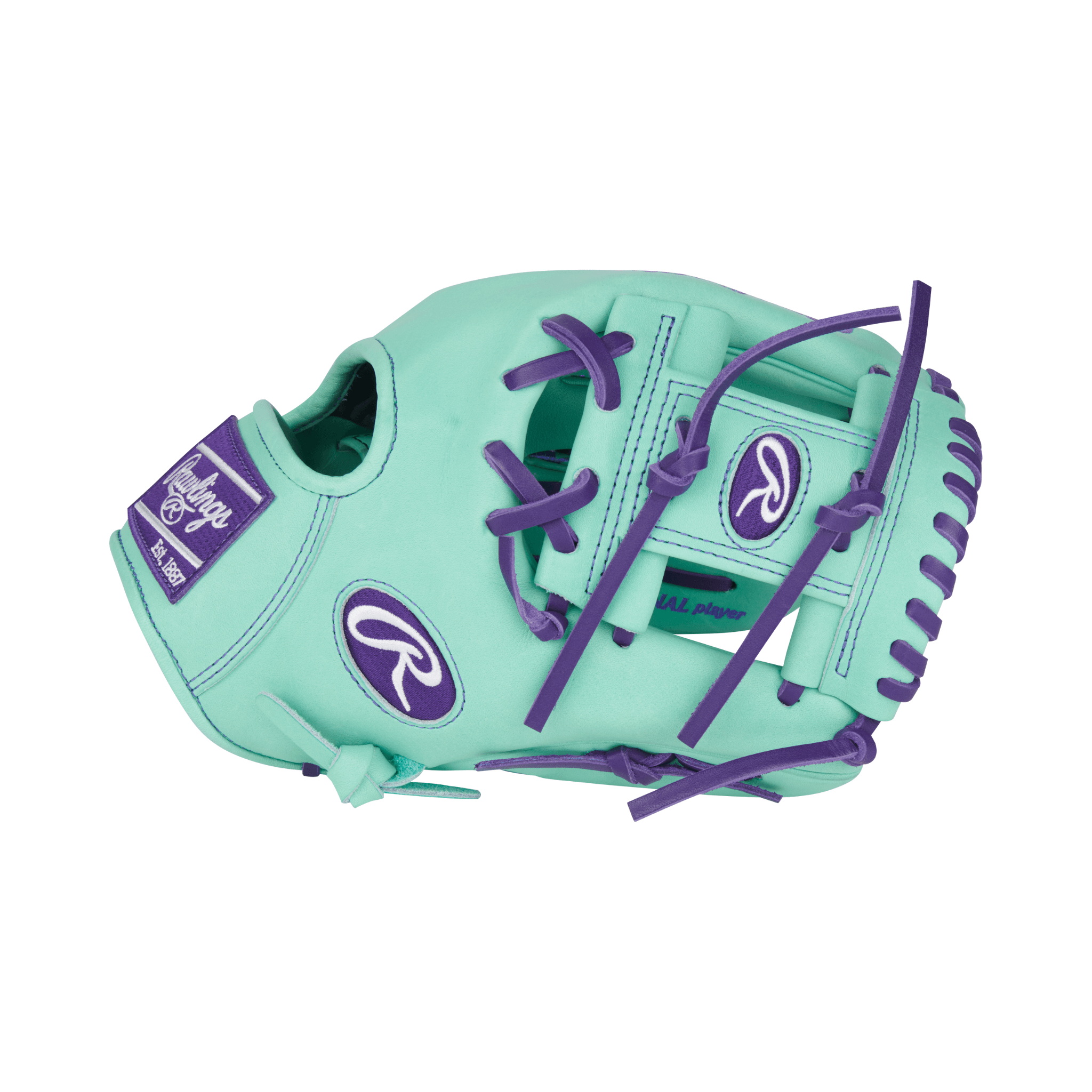 Close-up of thumb area on Rawlings Heart of the Hide 11.5" Mint/Purple glove with padded thumb sleeve for comfort