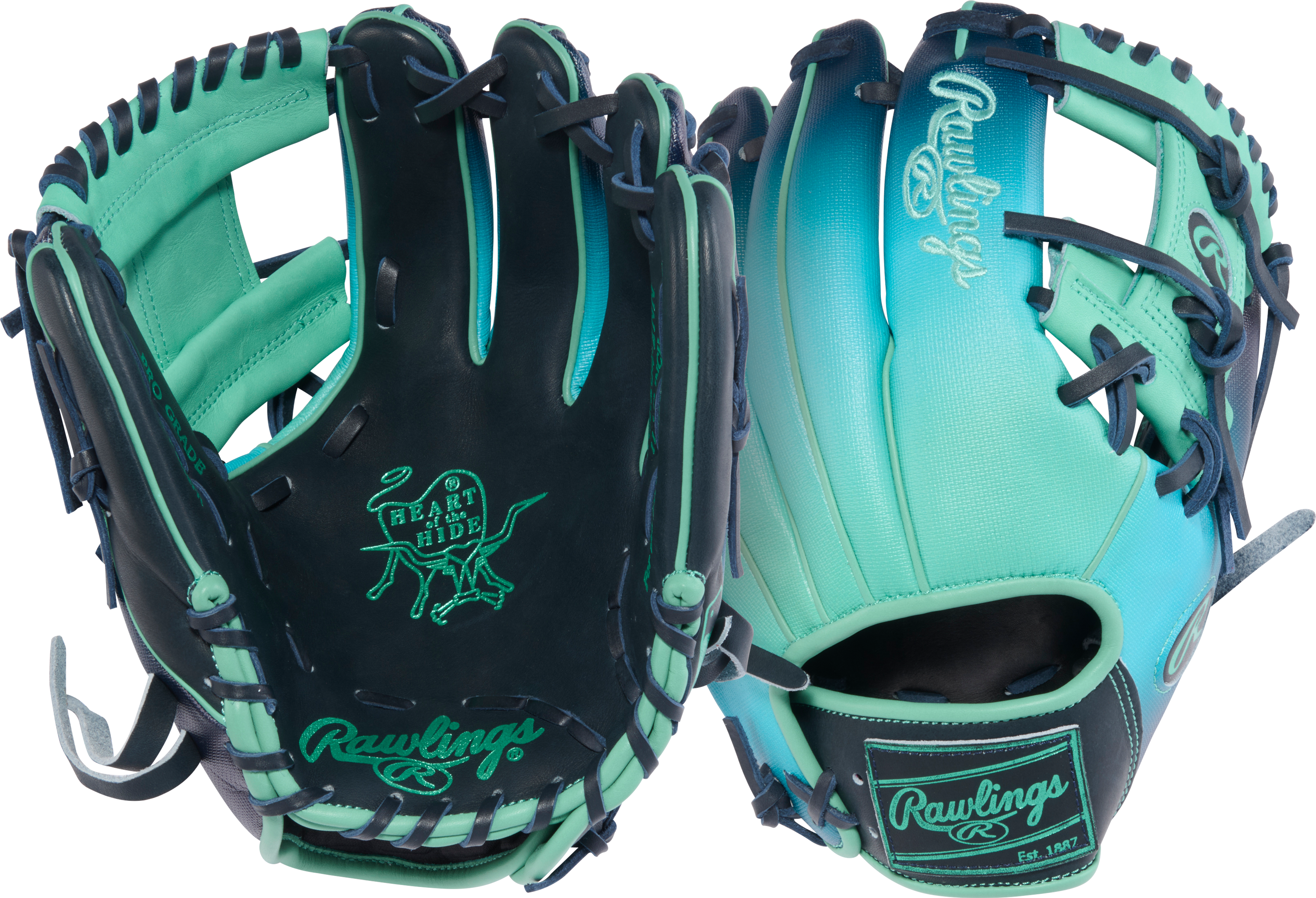 Rawlings HOH Funburst 2.0 11.5" Infield Baseball Glove Navy/Mint with Heart of the Hide design for premium infield performance.