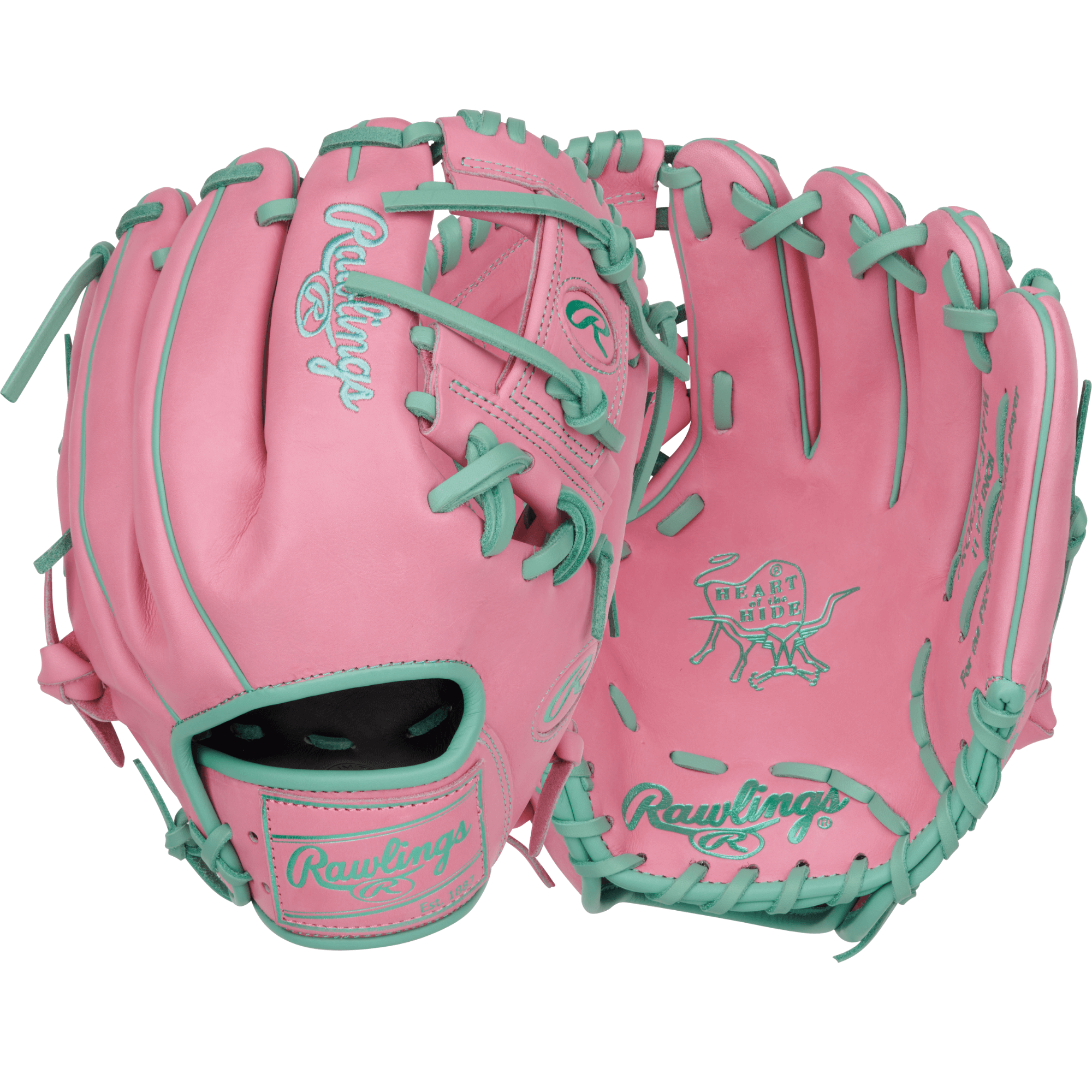 Rawlings Vibrant Series Heart of the Hide 11.5-inch glove in pink and mint, featuring Pro-I web and premium leather design.