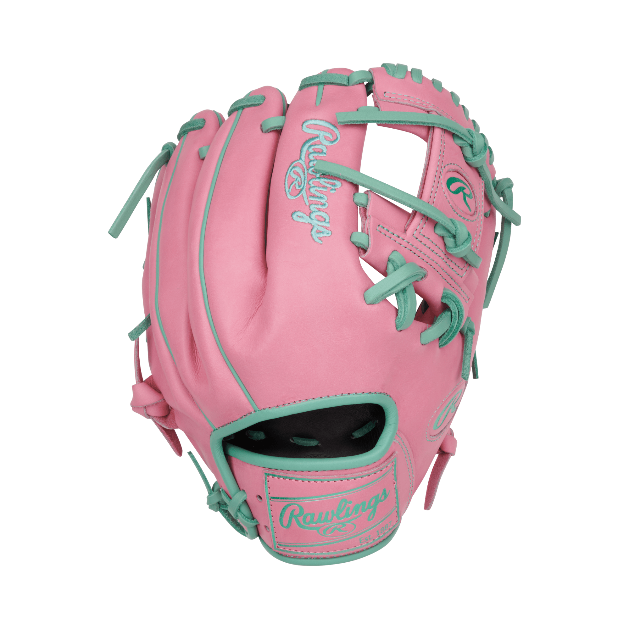 Rawlings Vibrant Series Heart of the Hide glove in pink and mint, 11.5-inch size, showcasing bold style and premium leather.