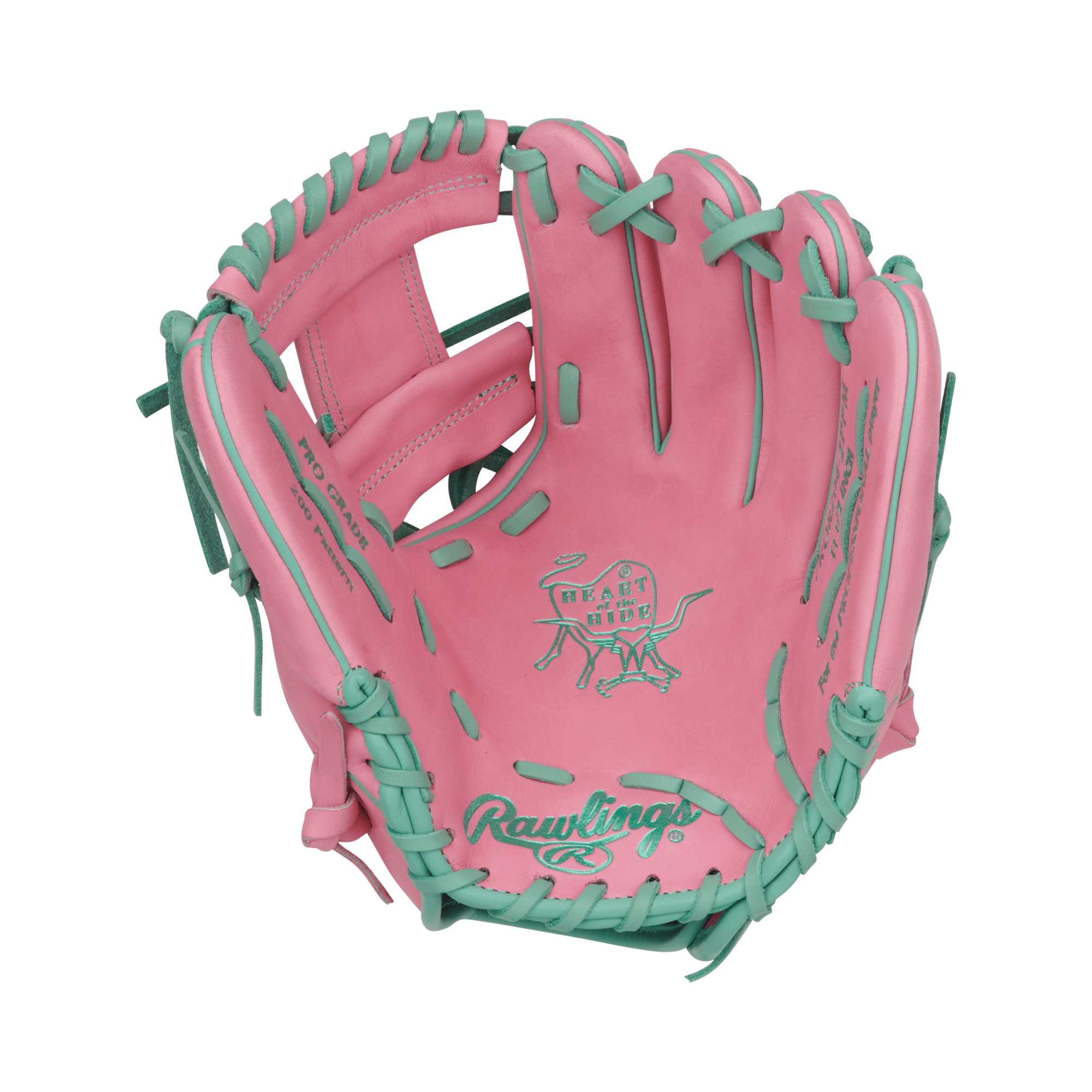 Rawlings Heart of the Hide Vibrant Series 11.5-inch glove in pink and mint, featuring Pro-I web and premium steerhide leather.
