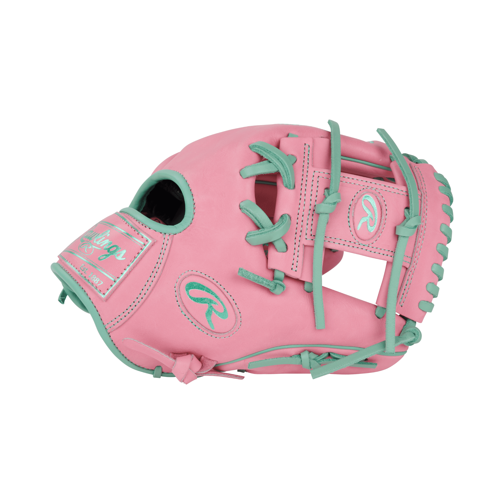 Rawlings Heart of the Hide Vibrant Series 11.5-inch pink and mint glove, showcasing bold style and premium leather.