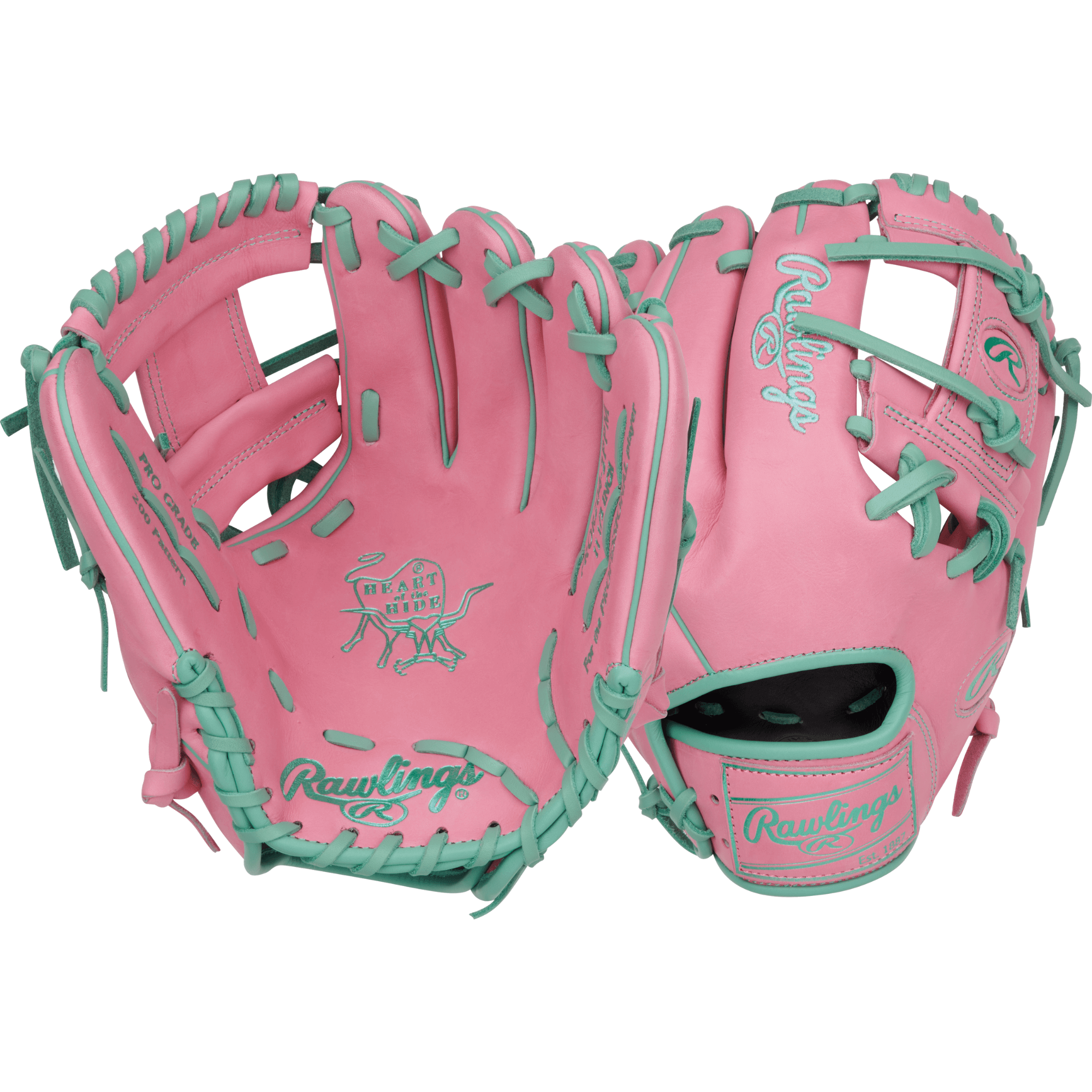 Rawlings Vibrant Series Heart of the Hide 11.5 glove in pink and mint, featuring Pro-I web and premium steerhide leather.