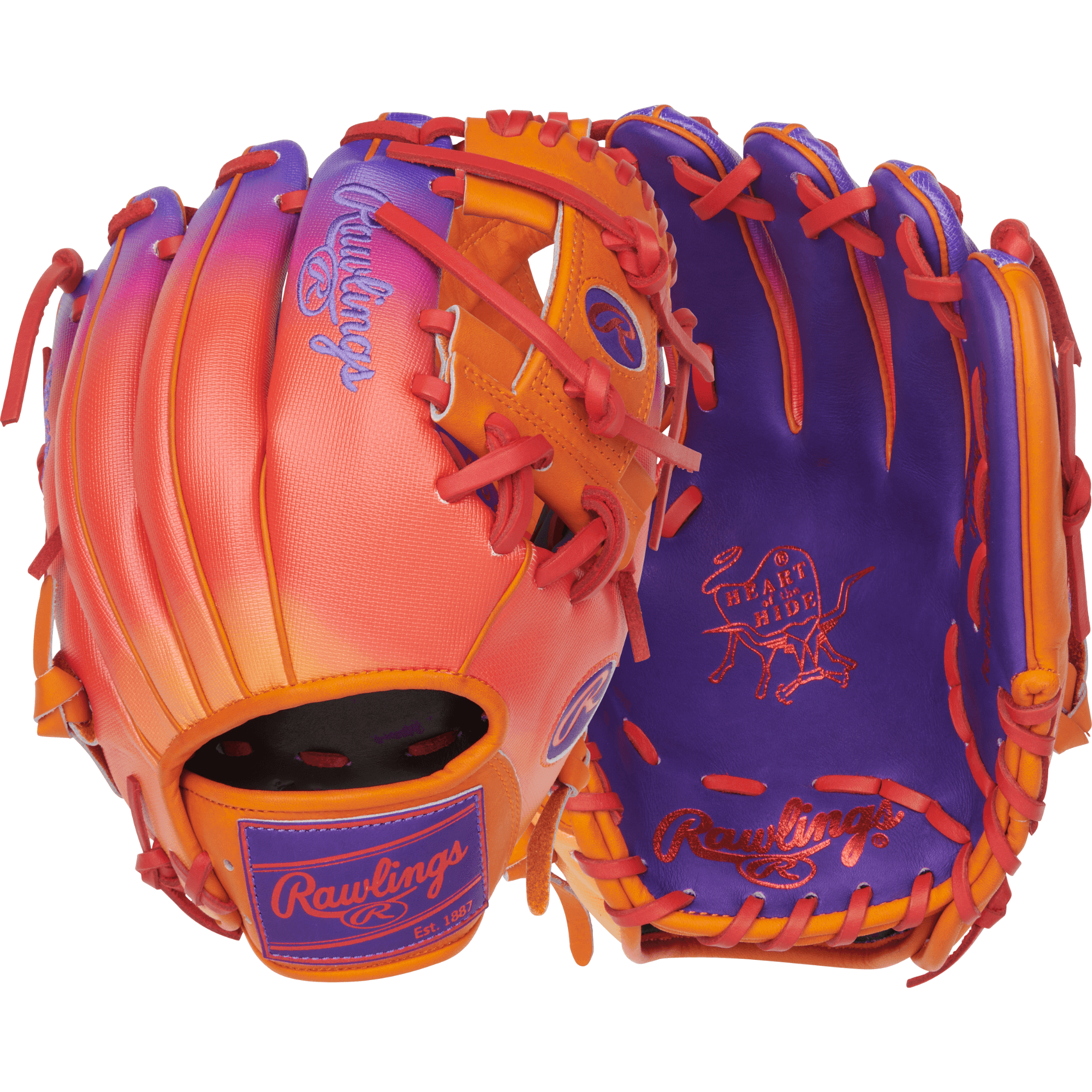 Vibrant Rawlings Fun Burst Edition Glove 11.5" - Purple/Orange/Scarlet full view.