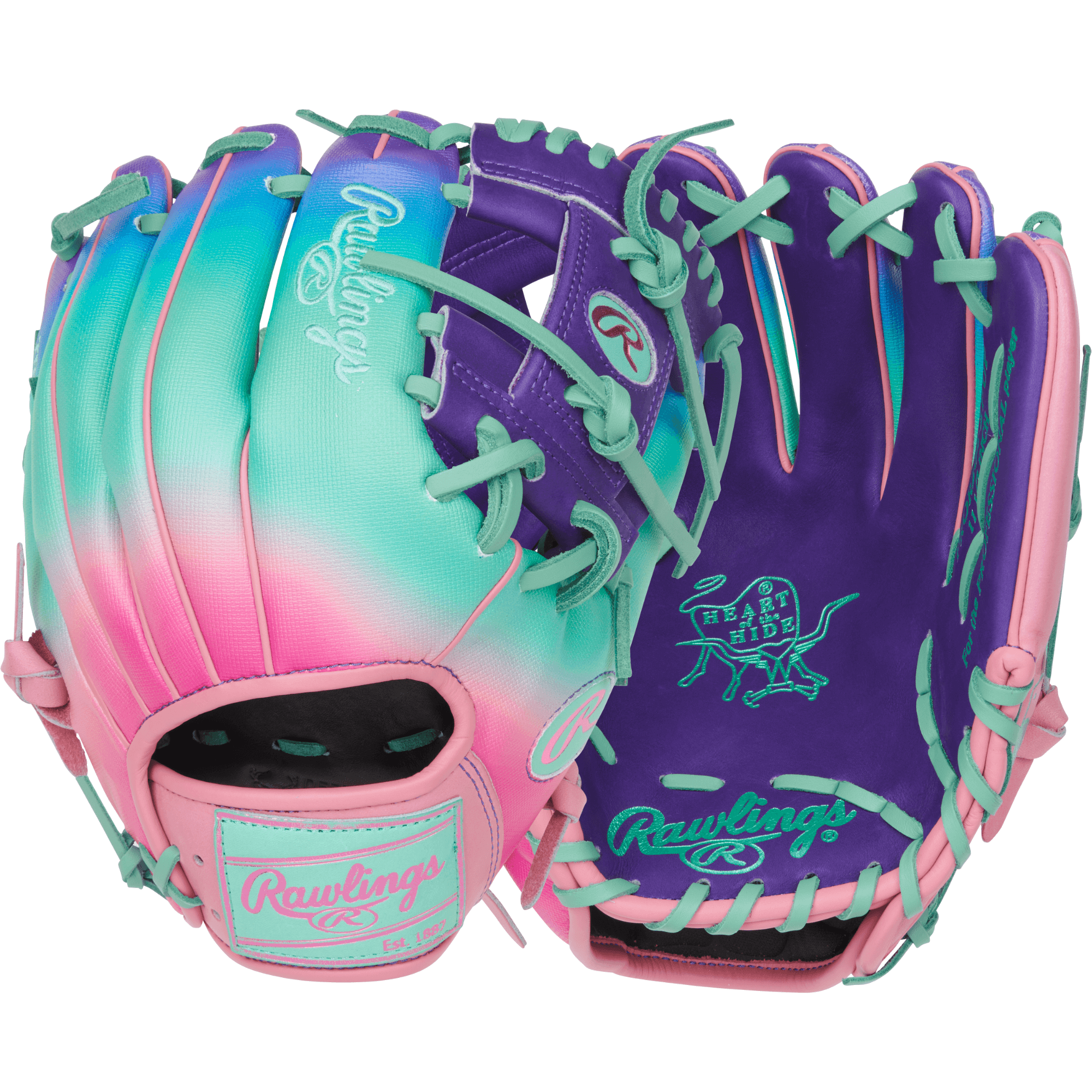 Vibrant Rawlings Fun Burst Edition Glove 11.5" - Purple/Pink/Mint full view.