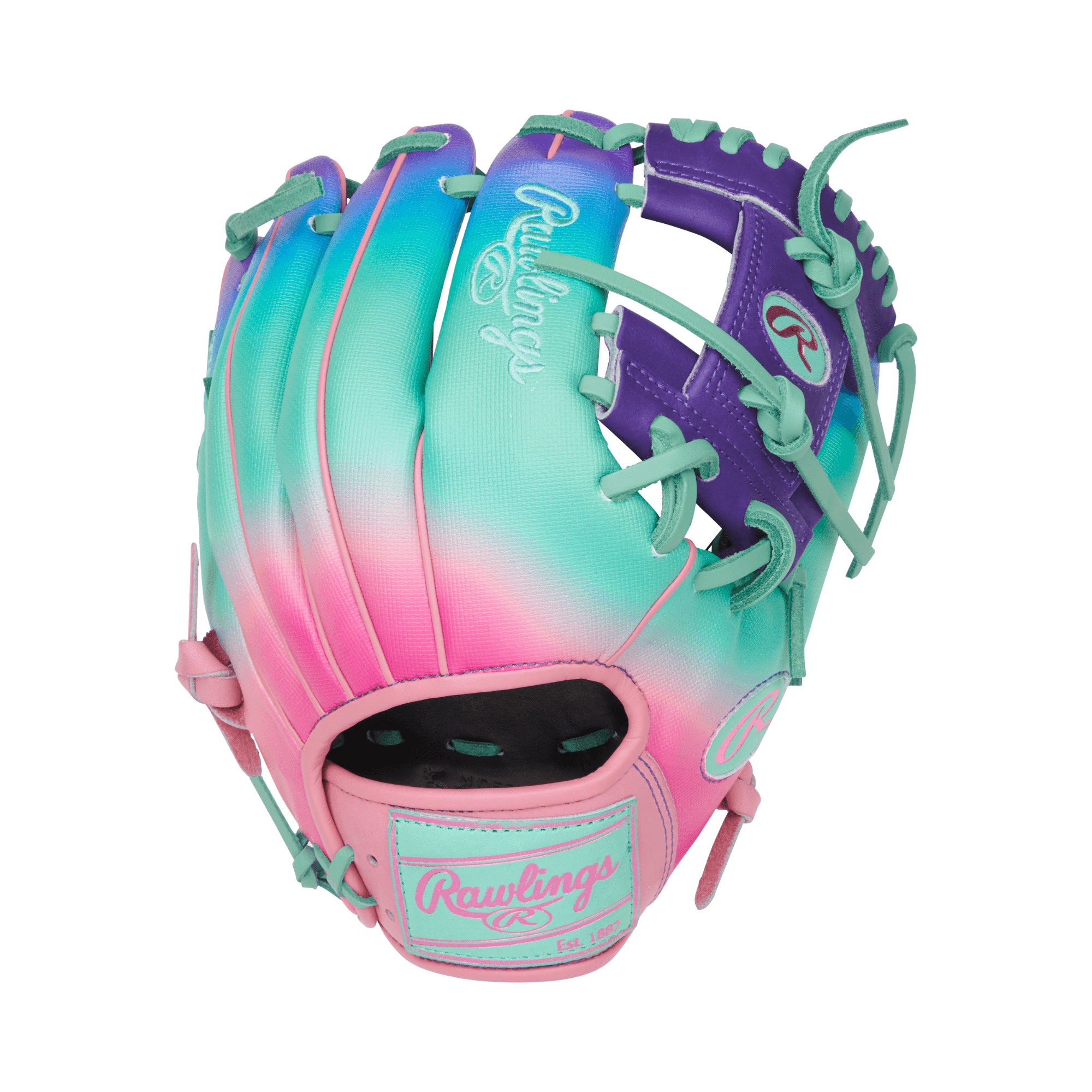 Back view of Rawlings Fun Burst Glove showcasing striking colors and patch.