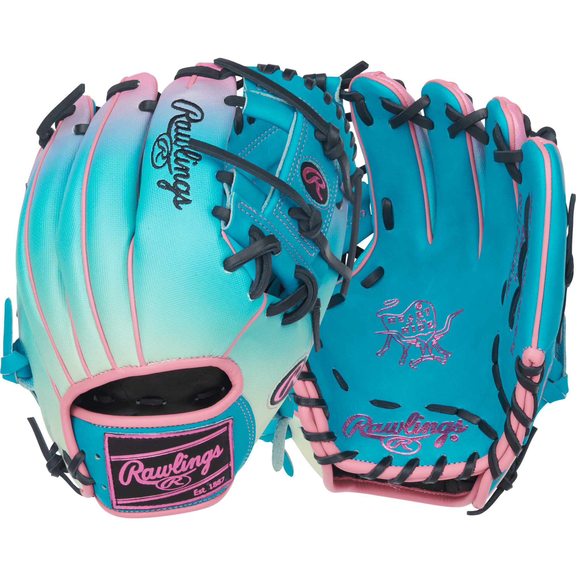 Vibrant Rawlings Fun Burst Edition Glove 11.5" - Teal/Pink/Black full view.