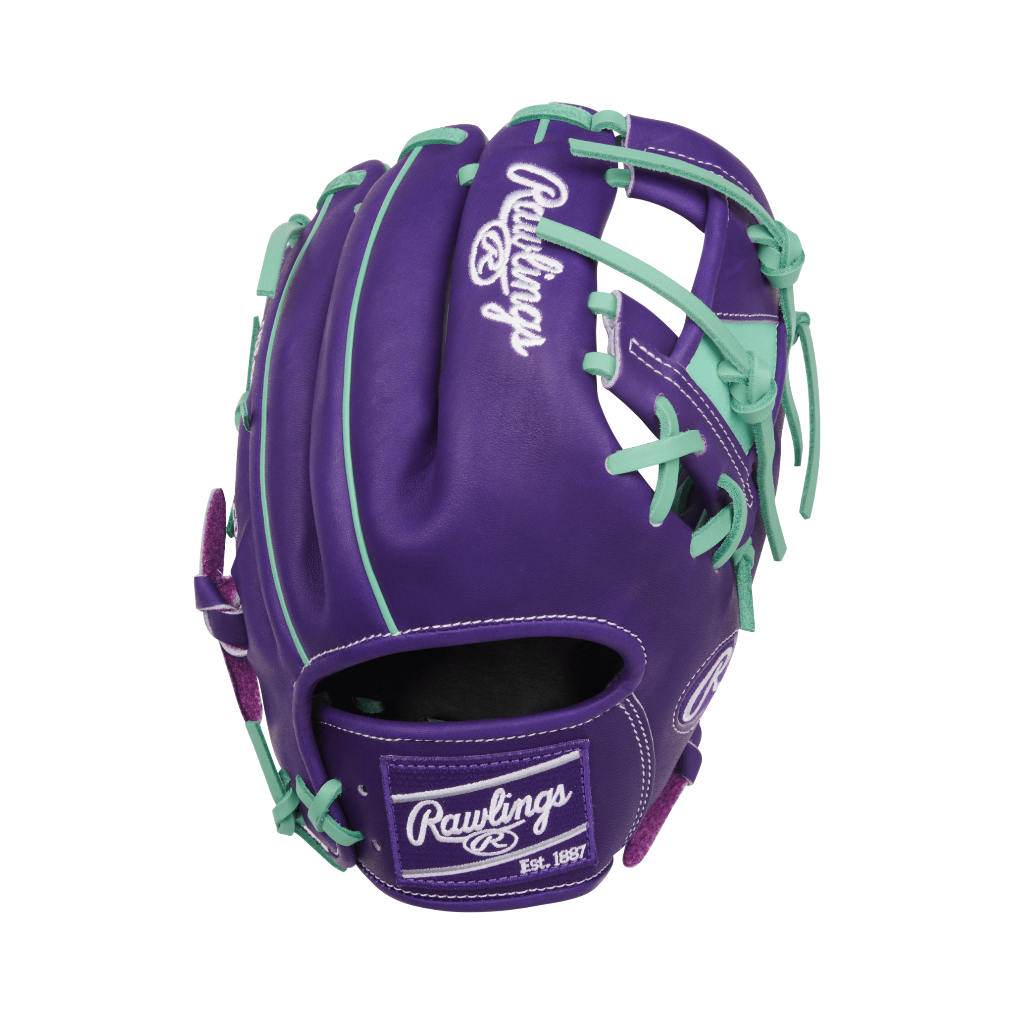 Back view of Rawlings REV1X 11.5" Infield Glove in Purple and Mint with Carbon Digital Mesh