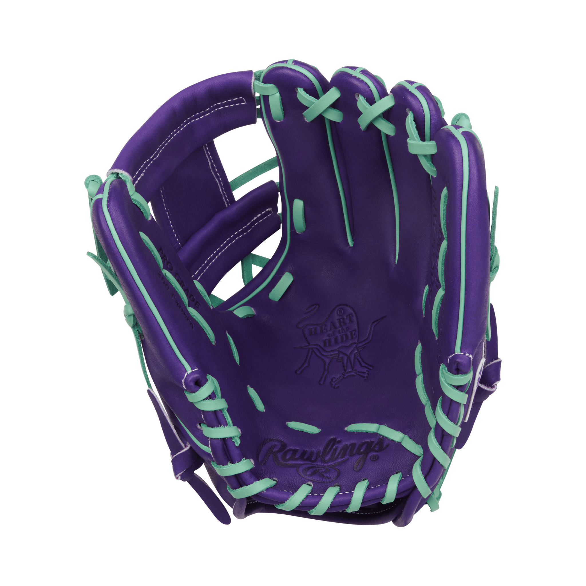 Palm view of Rawlings REV1X 11.5" Glove showing Heart of the Hide leather in Purple/Mint