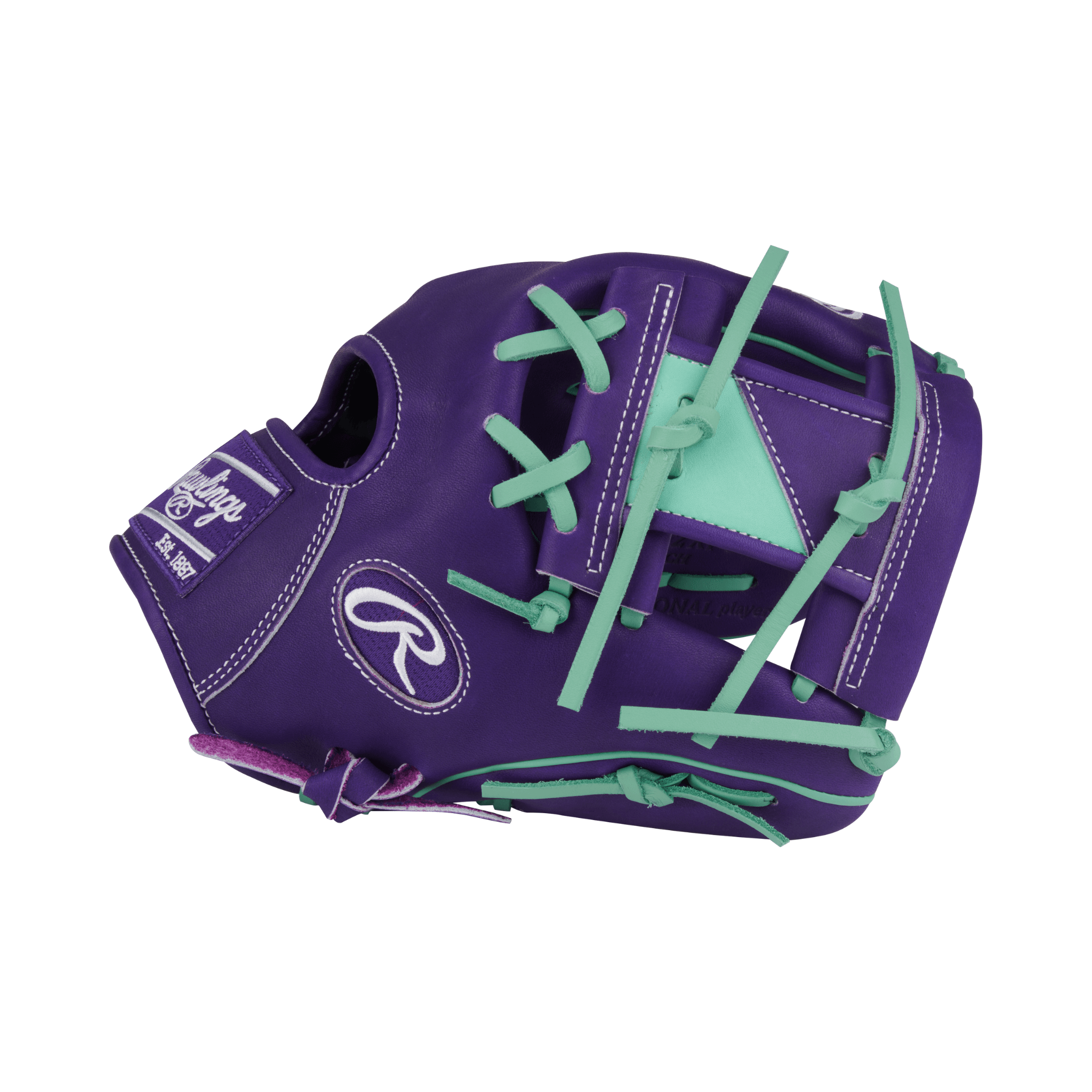 Close-up of thumb area on Rawlings REV1X 11.5" Infield Glove in Purple and Mint