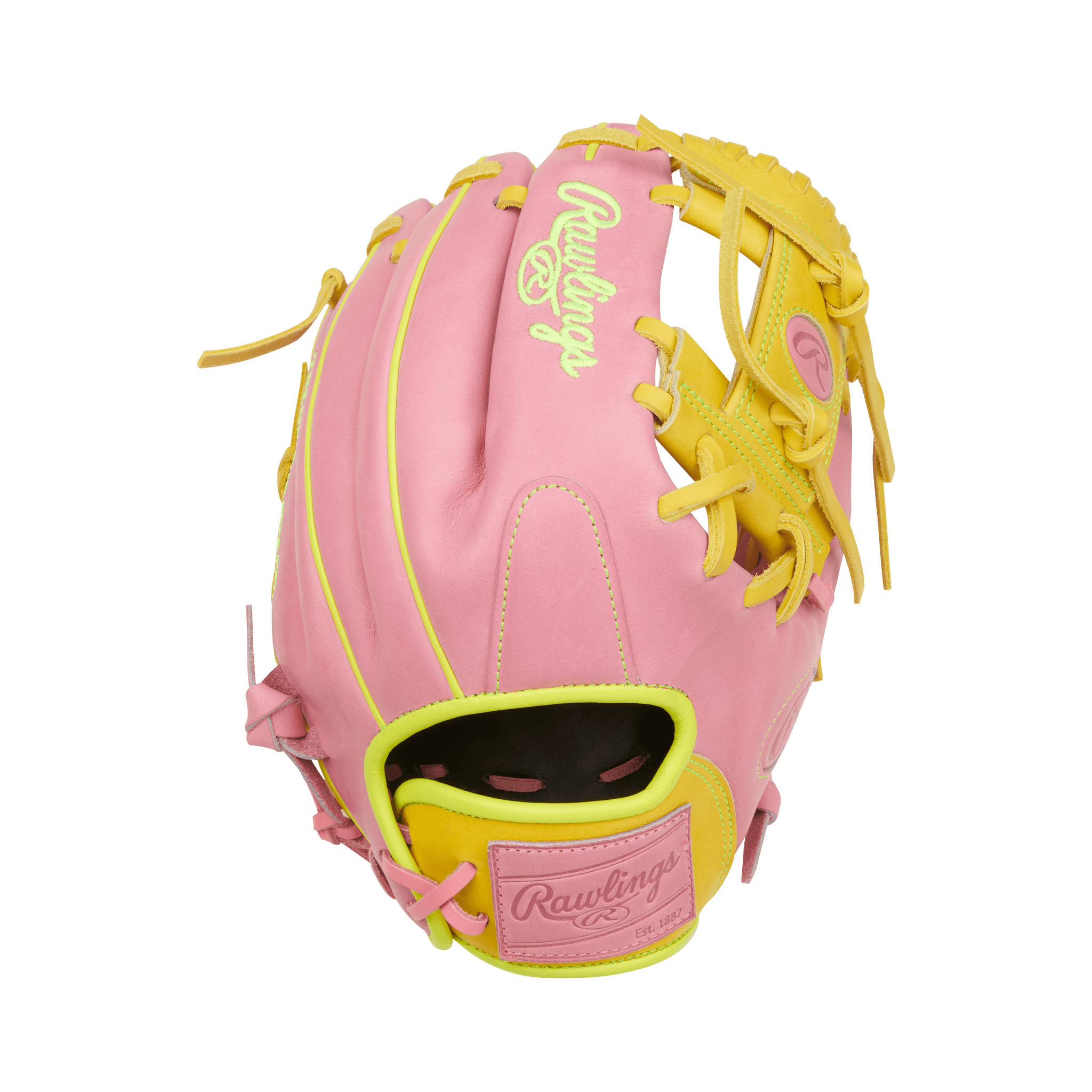 Back view of Rawlings Heart of the Hide 11.5" Contour Fit Infield Glove Pink/Yellow