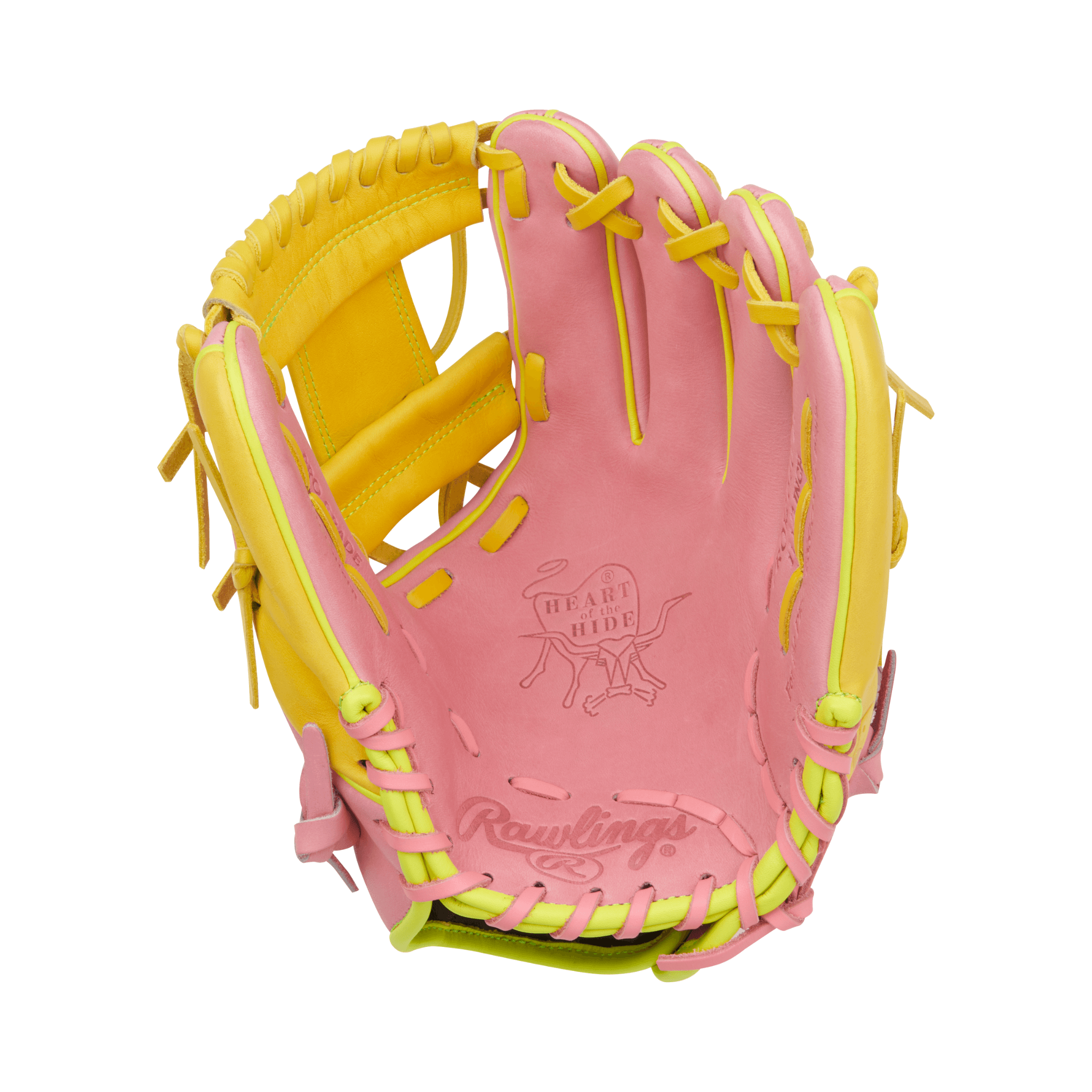 Palm side of Rawlings HOH 11.5" Baseball Glove featuring bold Pink/Yellow colorway