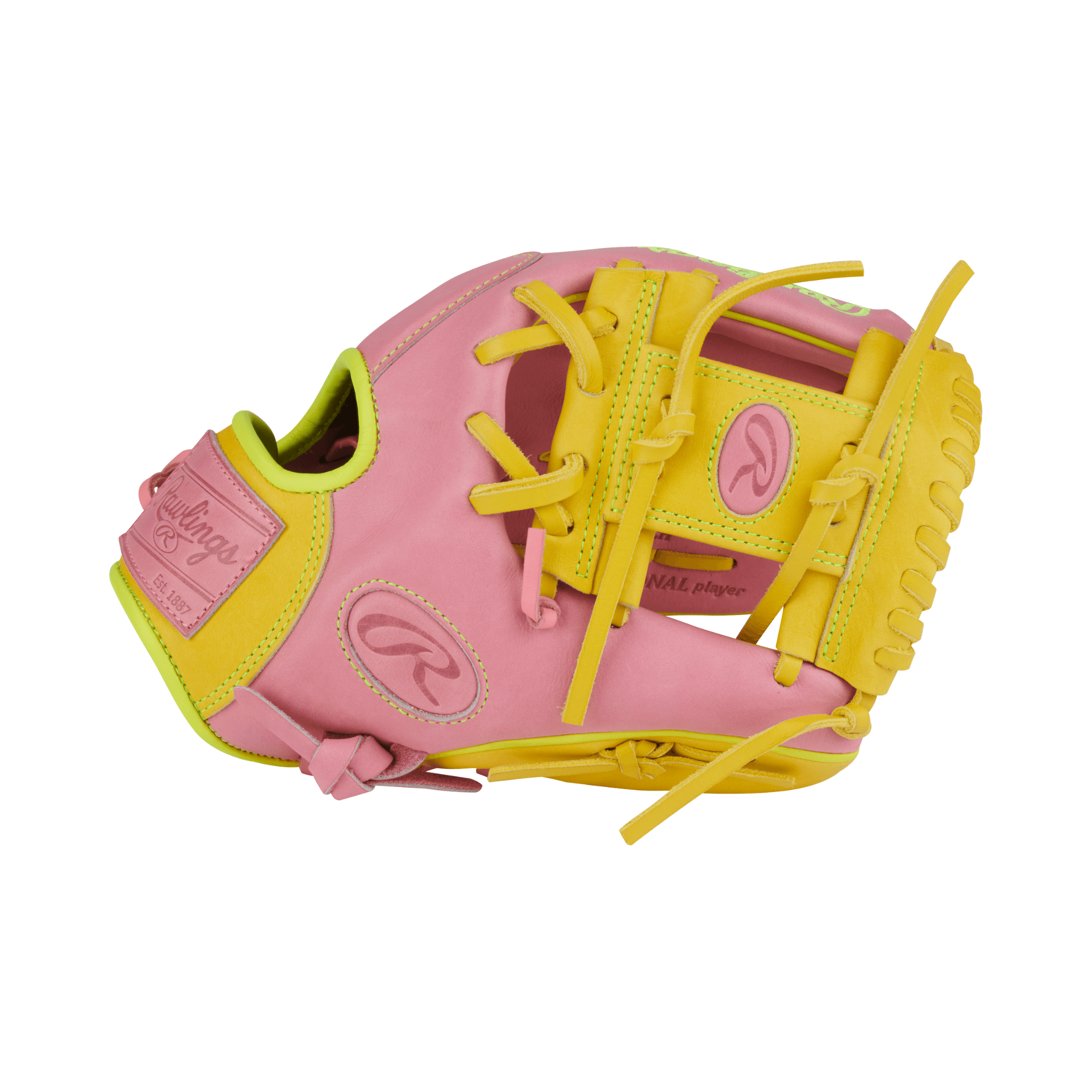 Close-up of thumb area on Rawlings HOH 11.5" Contour Fit Infield Glove Pink/Yellow