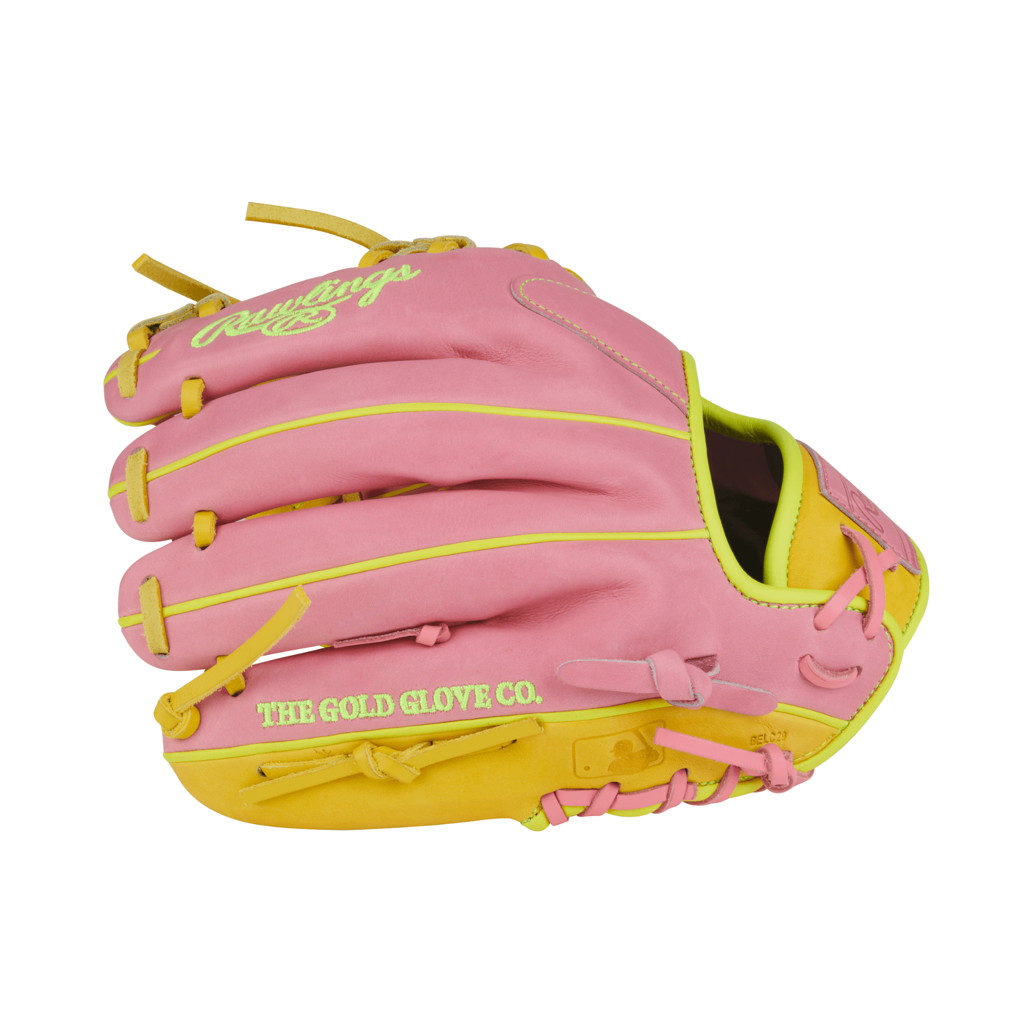 Finger detail of Rawlings Heart of the Hide 11.5" Glove with Pink and Yellow leather finish