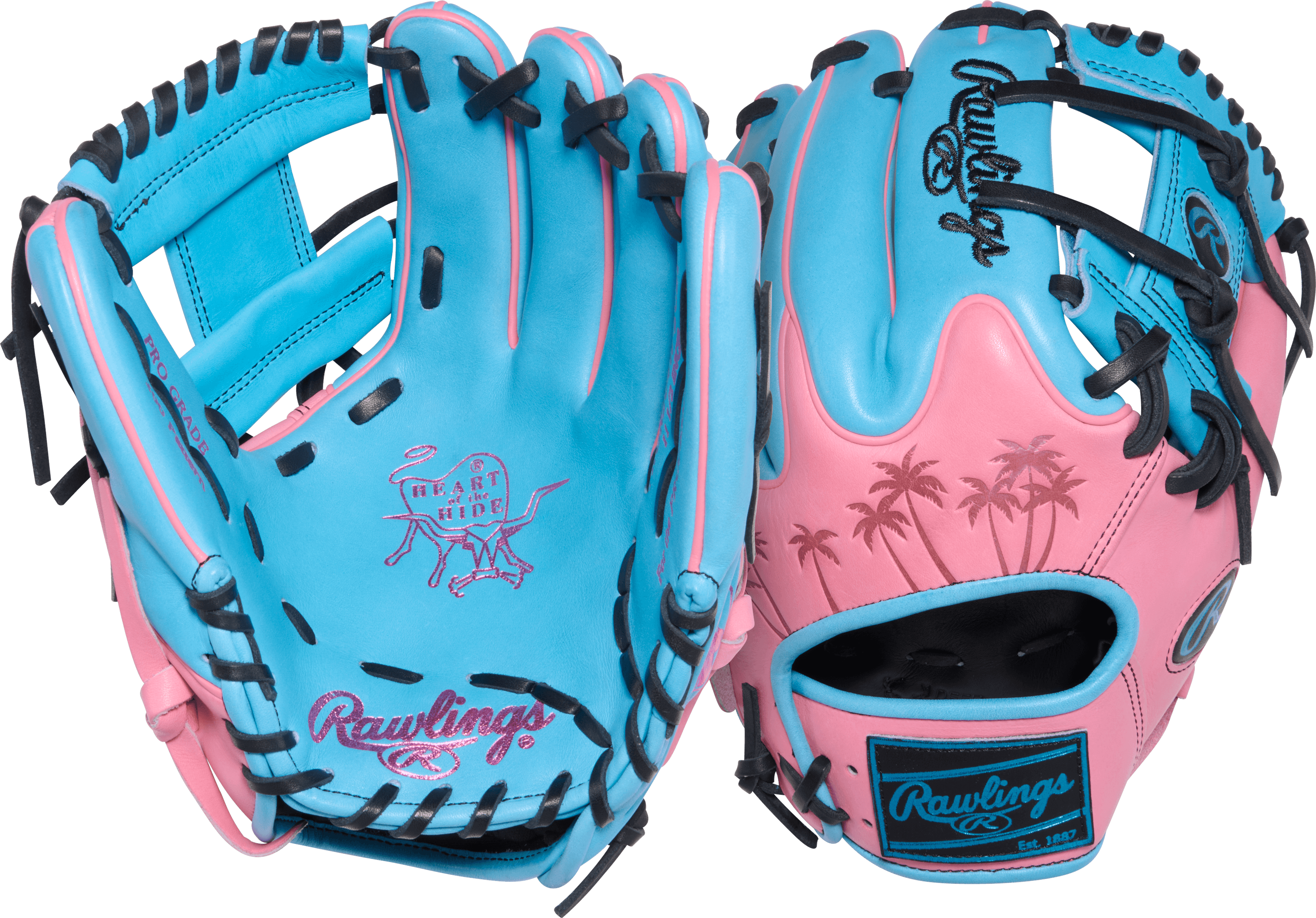 Rawlings Heart of the Hide ColorSync 10.0 11.5" Wing Tip Glove RHT, palm and backhand view, blue and pink with black lacing and palm tree design.