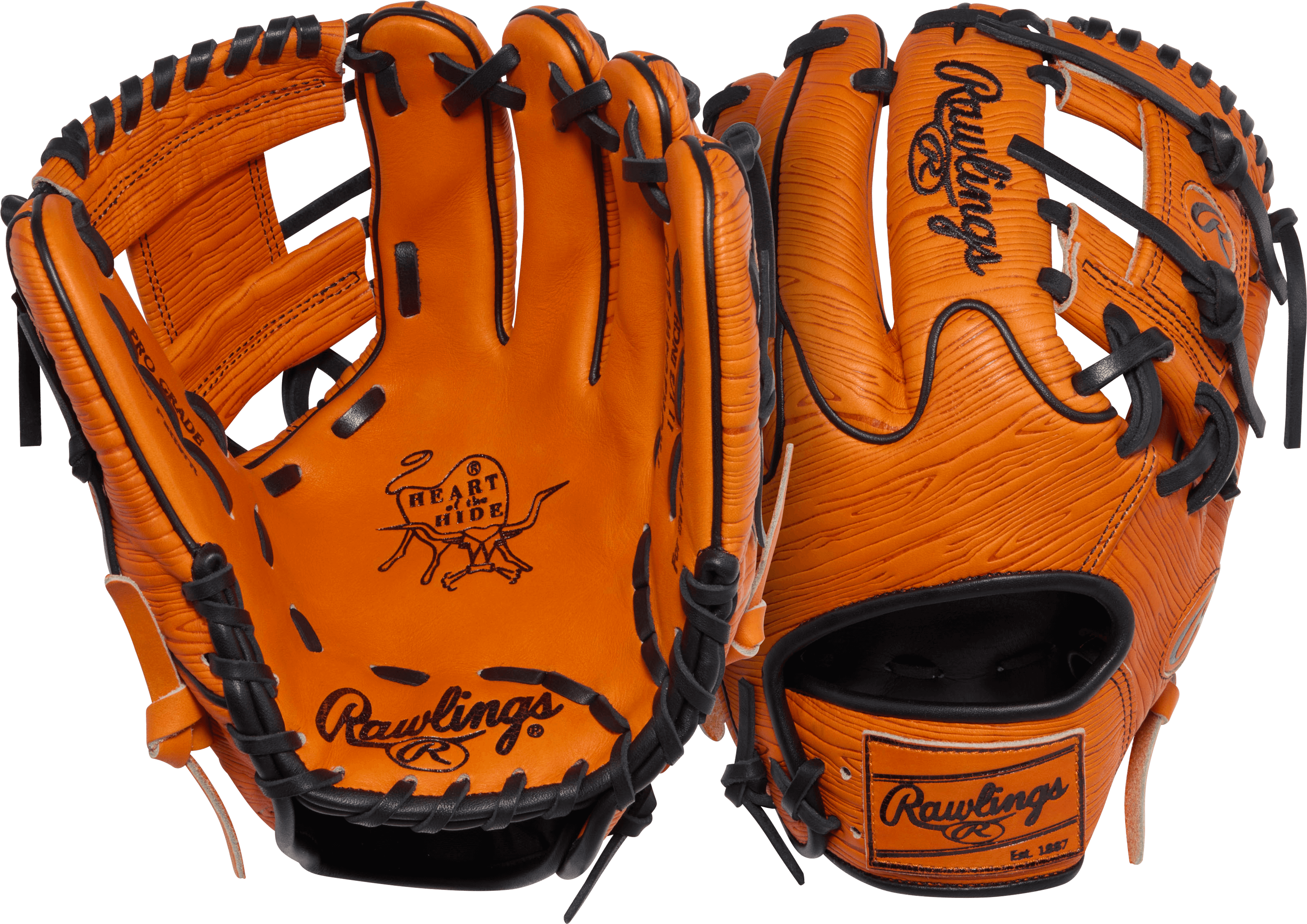 Rawlings March 2026 Gold Glove Club RGGC PROR204W-2OO 11.5" Baseball Glove, palm and backhand view, orange with black lacing, I-web
