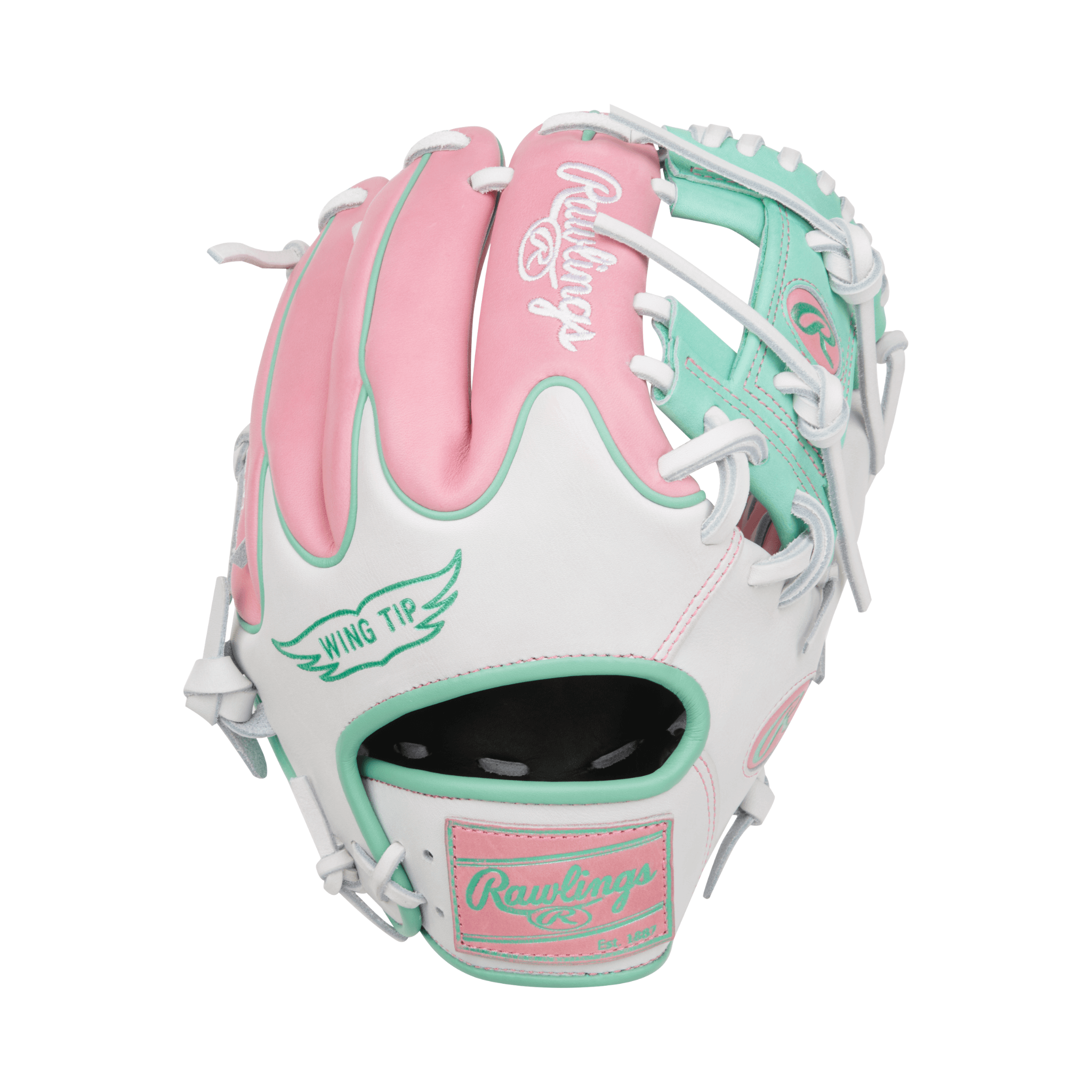 Back view of Rawlings Heart of the Hide 11.5" infield glove in pink, white, and mint with conventional back and Pro I web