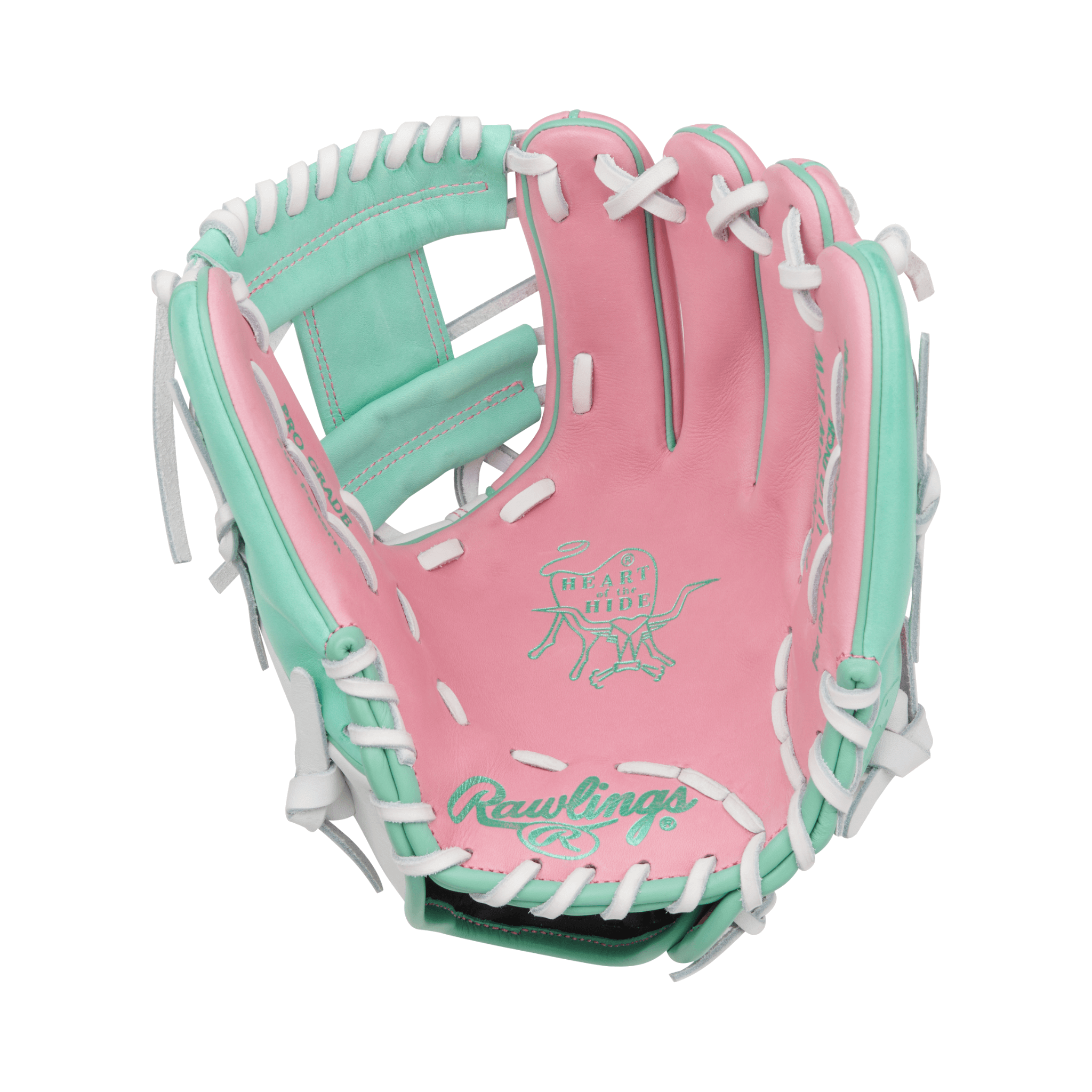 Palm view of Rawlings HOH 11.5" infield glove showing cowhide palm lining and HOH branding in pink, white, and mint