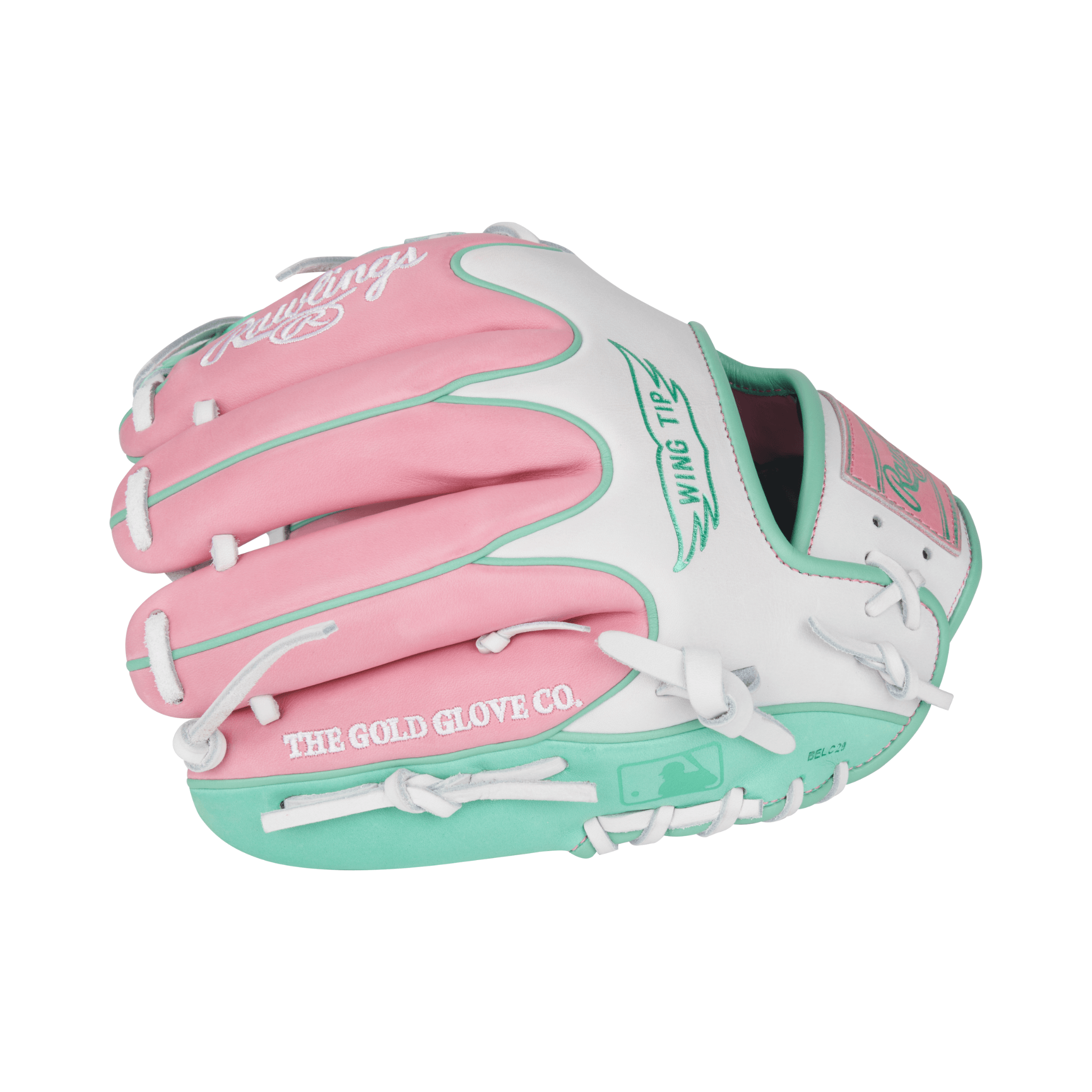 Right side of Rawlings 11.5" HOH glove highlighting the finger stalls and premium pro-grade leather in pink/white/mint