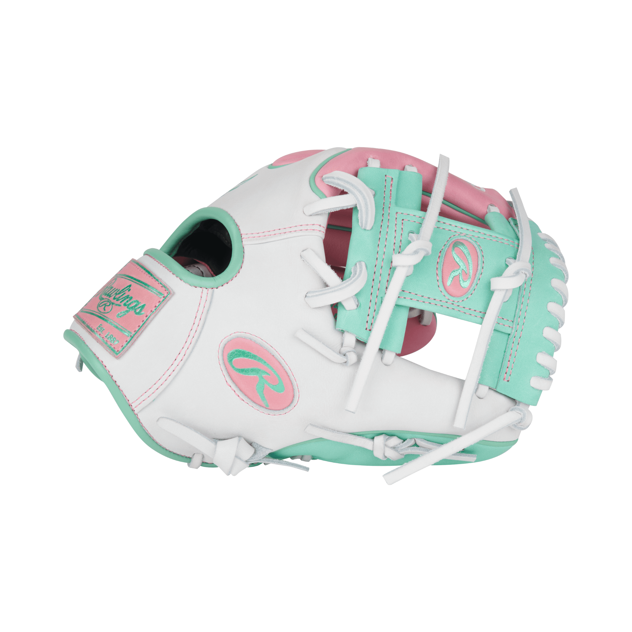 Side view focusing on thumb area of Rawlings Heart of the Hide 11.5" glove in stylish pink, white, and mint leather