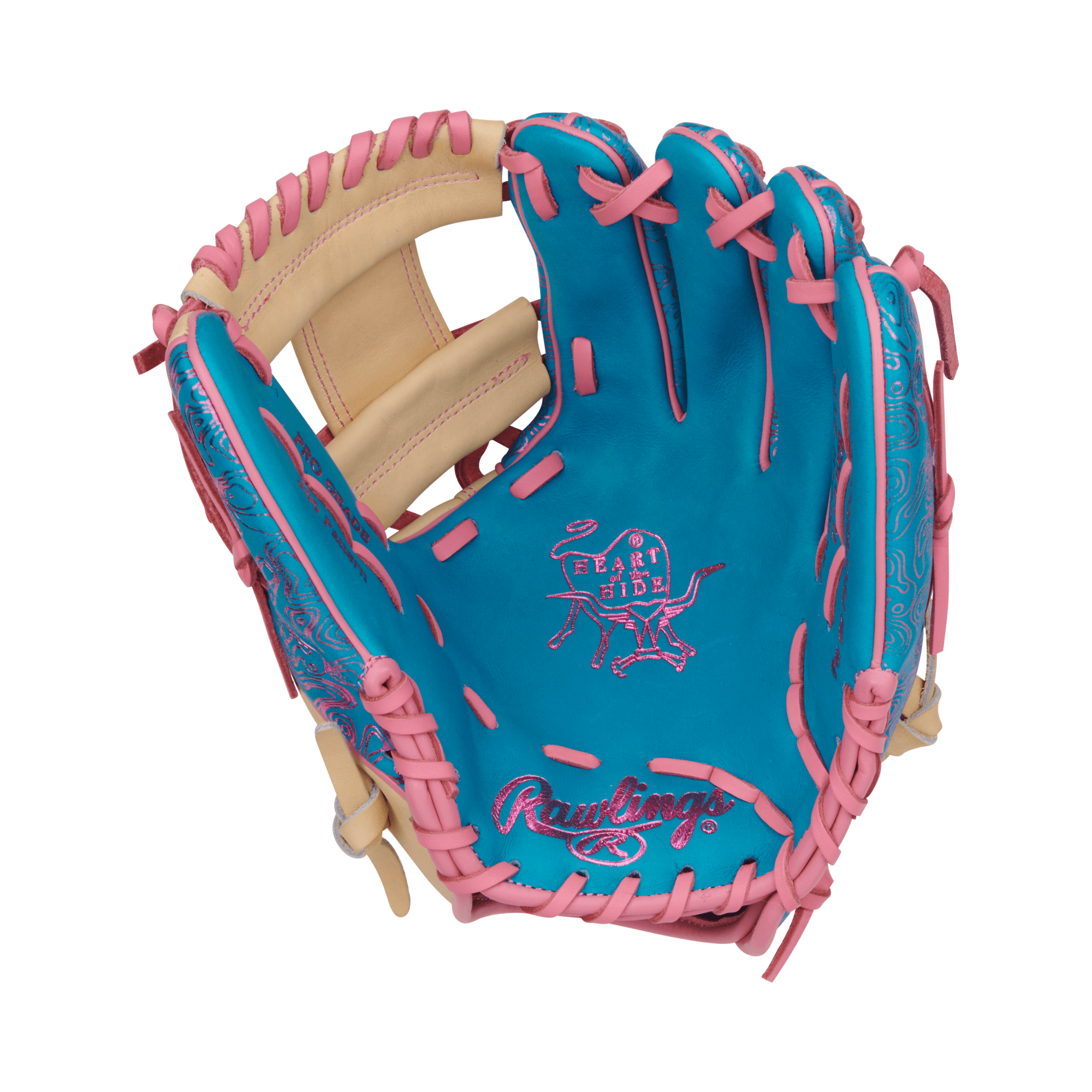 Rawlings Heart of the Hide Vibrant Series 11.5" glove in teal, camel, and pink, featuring Pro-I web design.