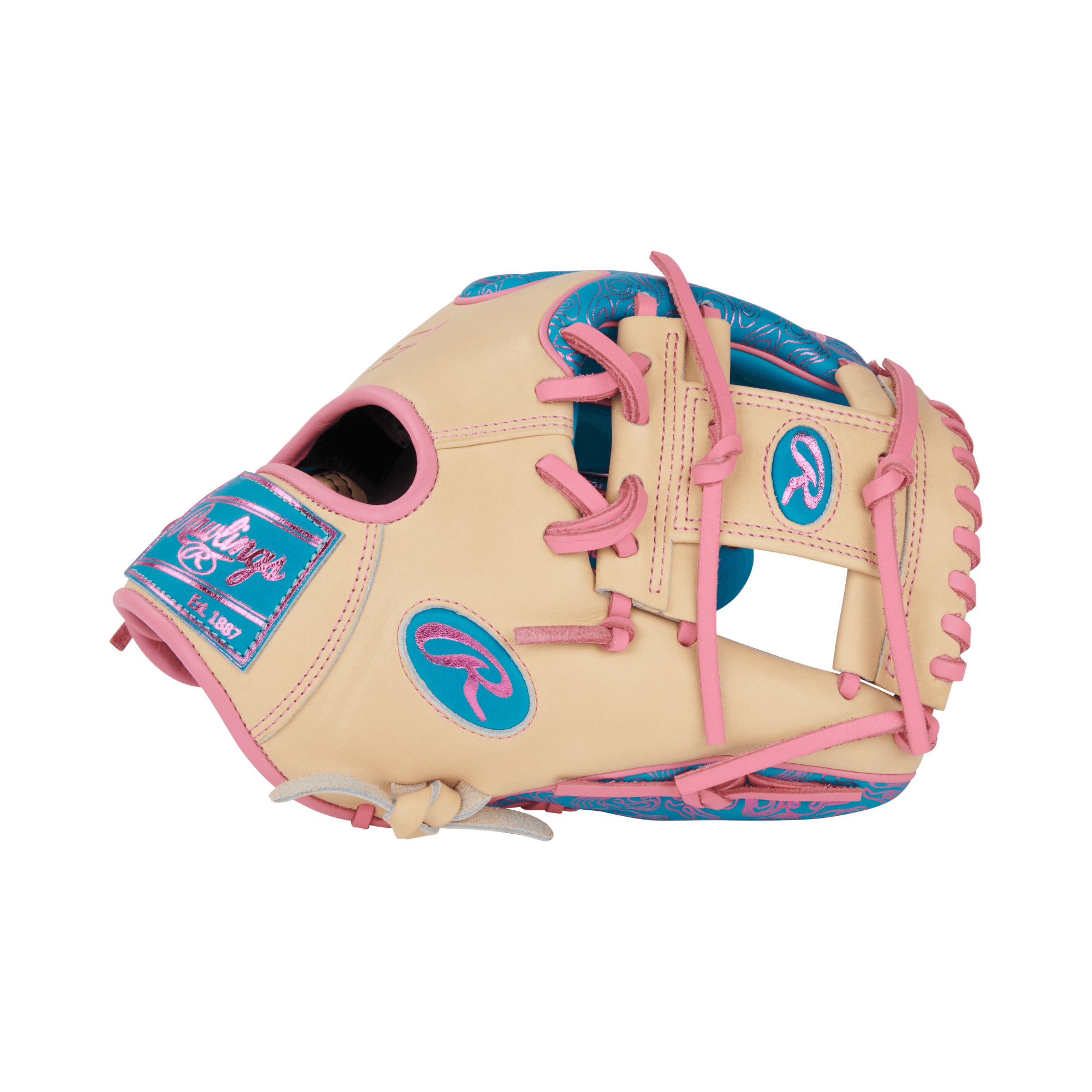 Rawlings Vibrant Series Heart of the Hide 11.5" glove in teal, camel, and pink, featuring a Pro-I web design.