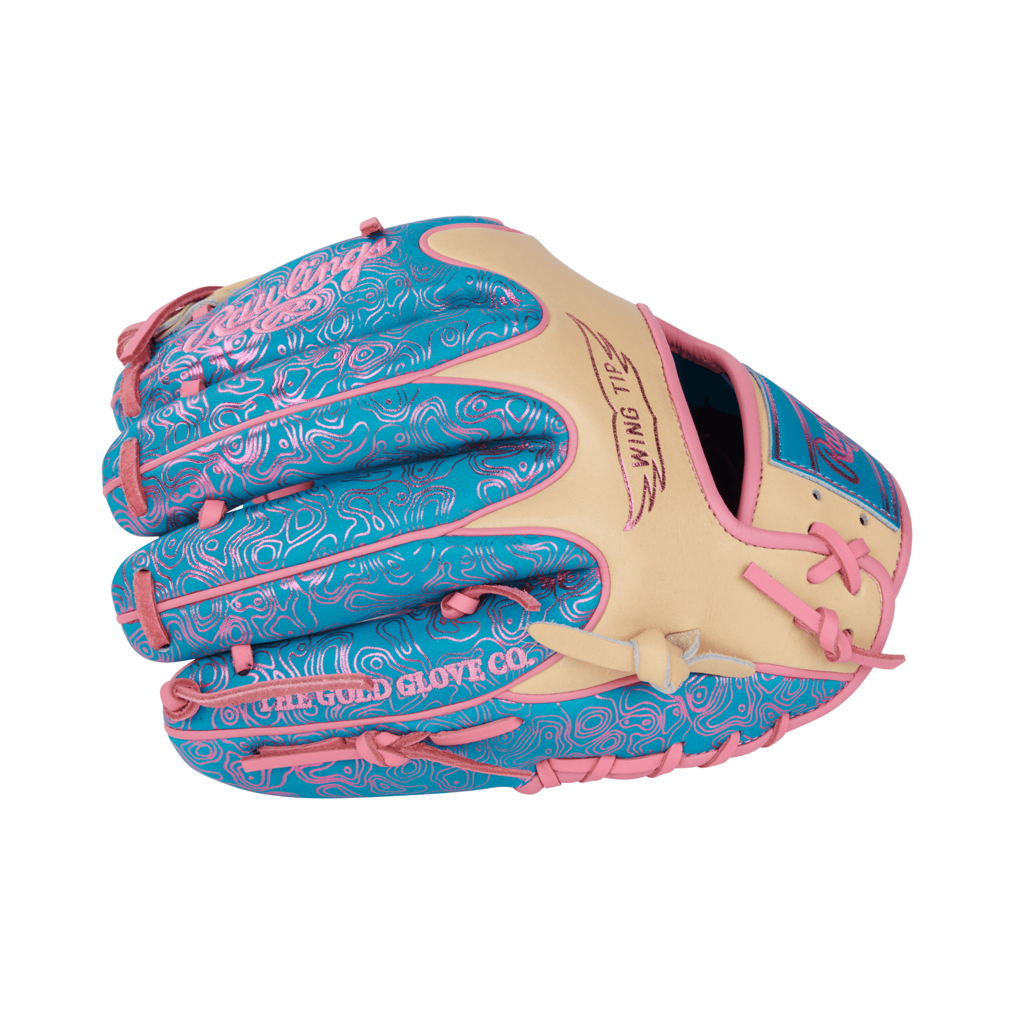 Rawlings Vibrant Series Heart of the Hide glove in teal, camel, and pink, showcasing a stylish design and 11.5-inch size.