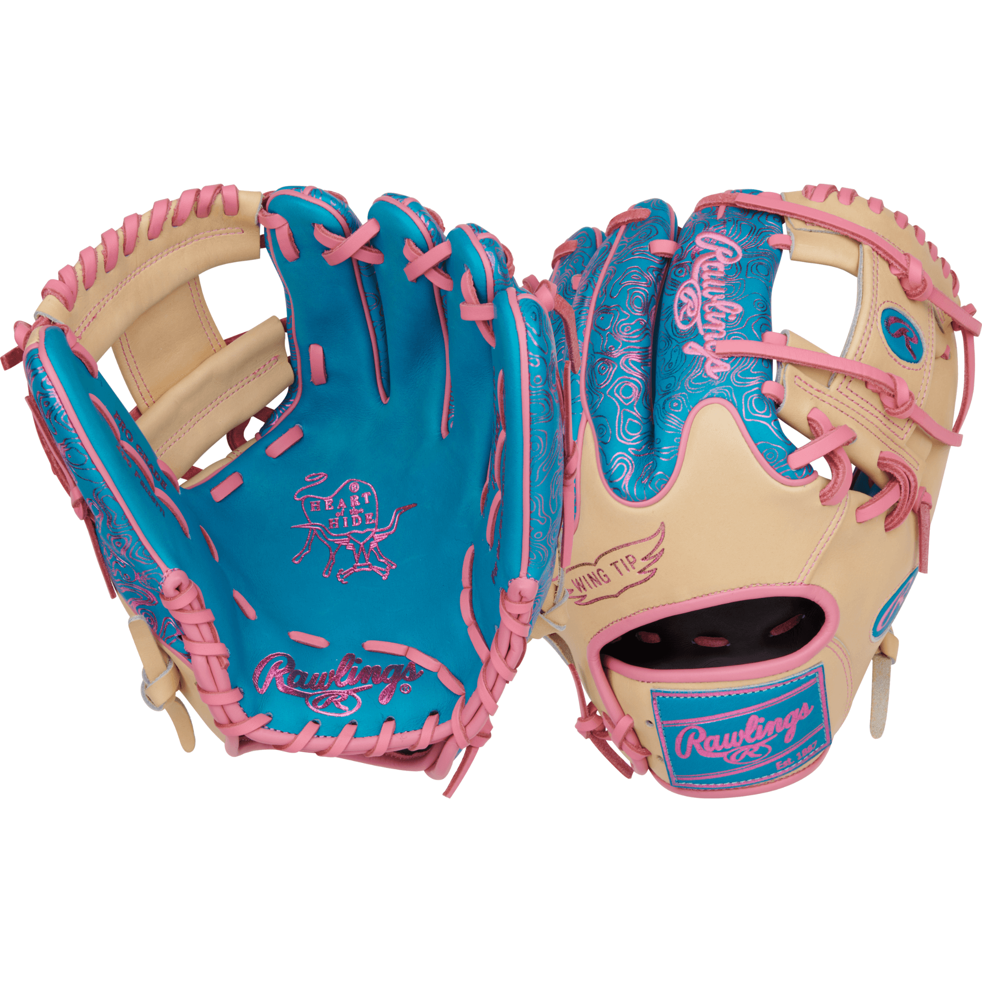 Rawlings Vibrant Series Heart of the Hide 11.5" glove in teal, camel, and pink with a 200 Wingtip pattern.