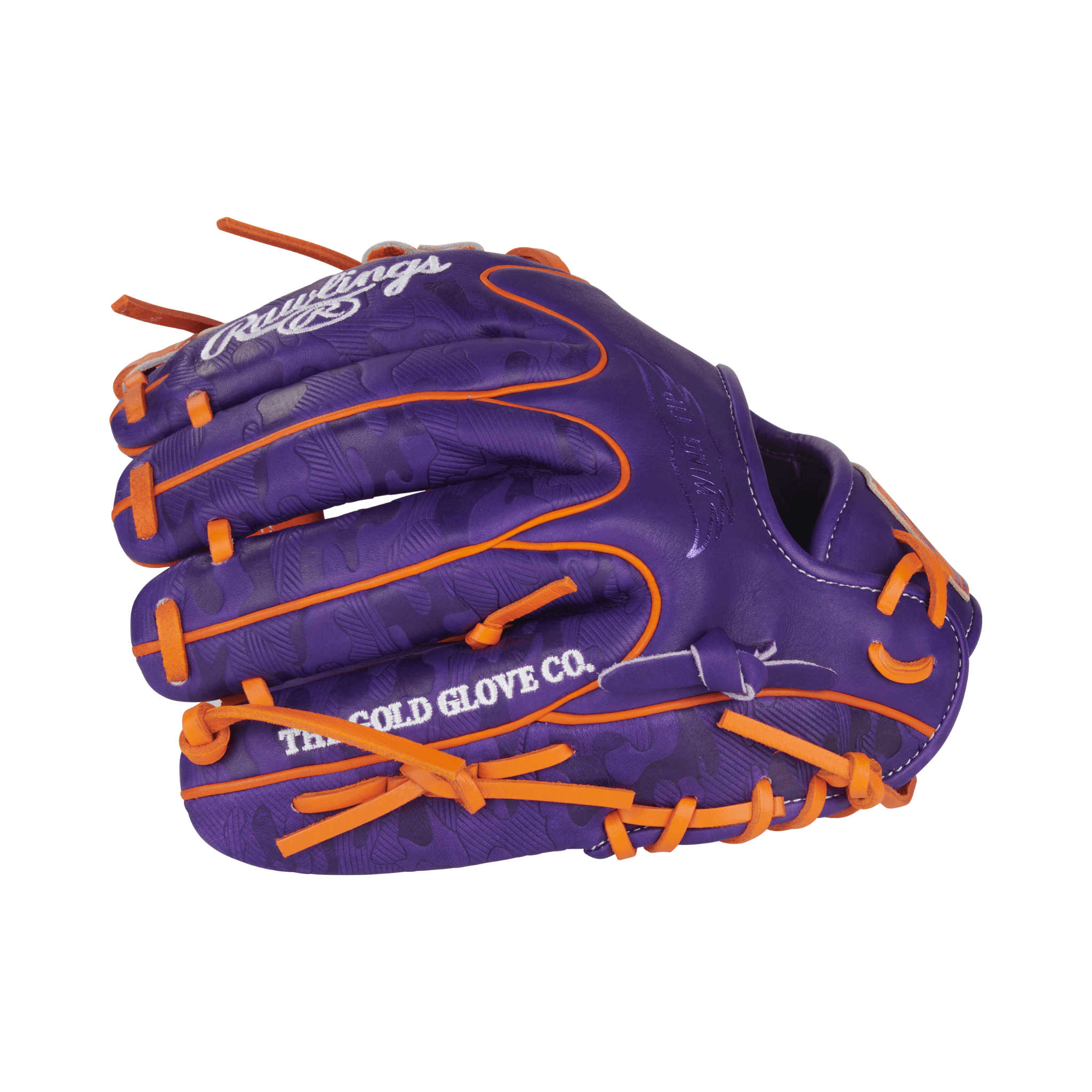 Close-up of finger stalls on Rawlings Heart of the Hide Contour Fit 11.5" Purple/Orange Infield Glove