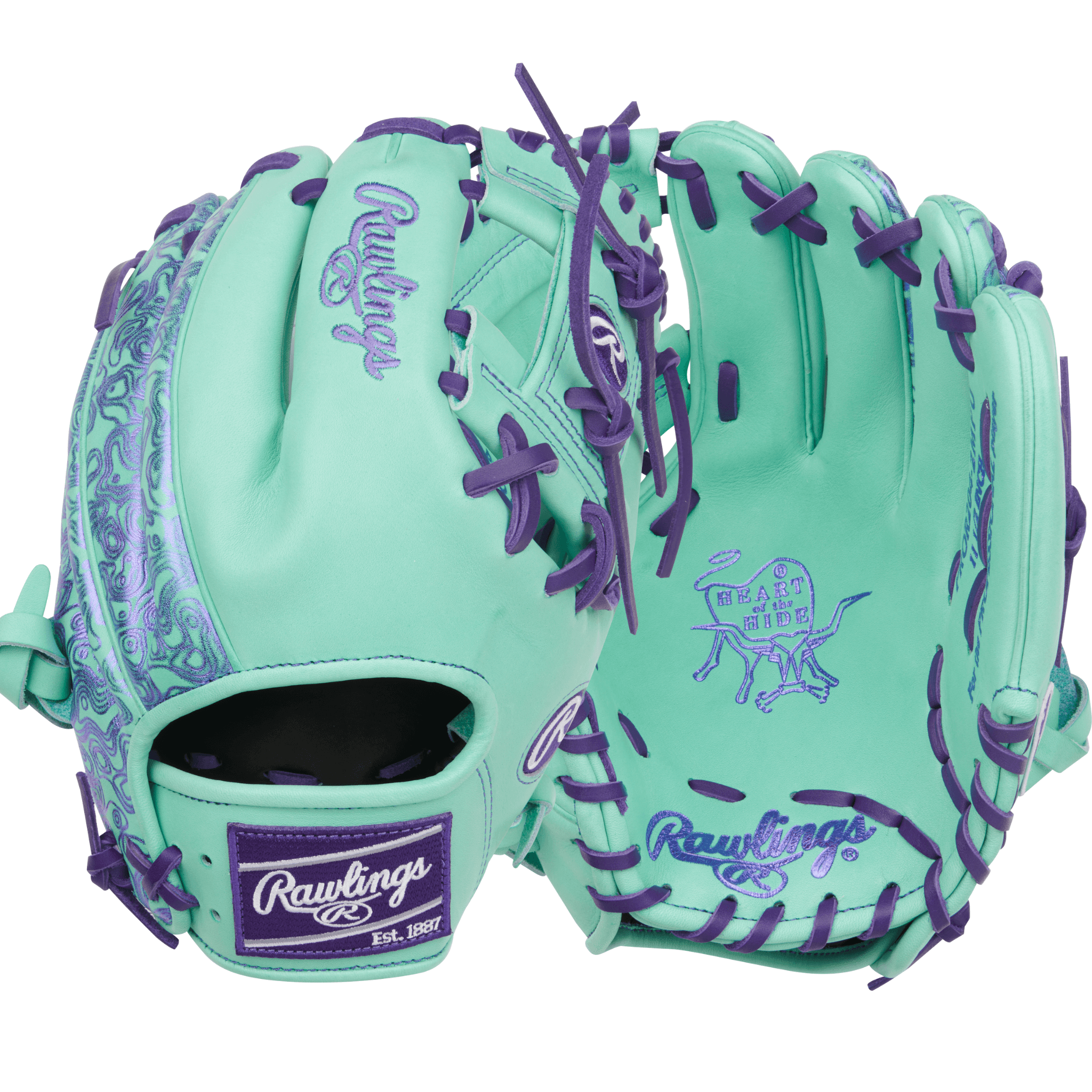 Rawlings Heart of the Hide 11.5" Mint/Purple infield glove front and back view with 200 pattern and Pro I web in steerhide leather