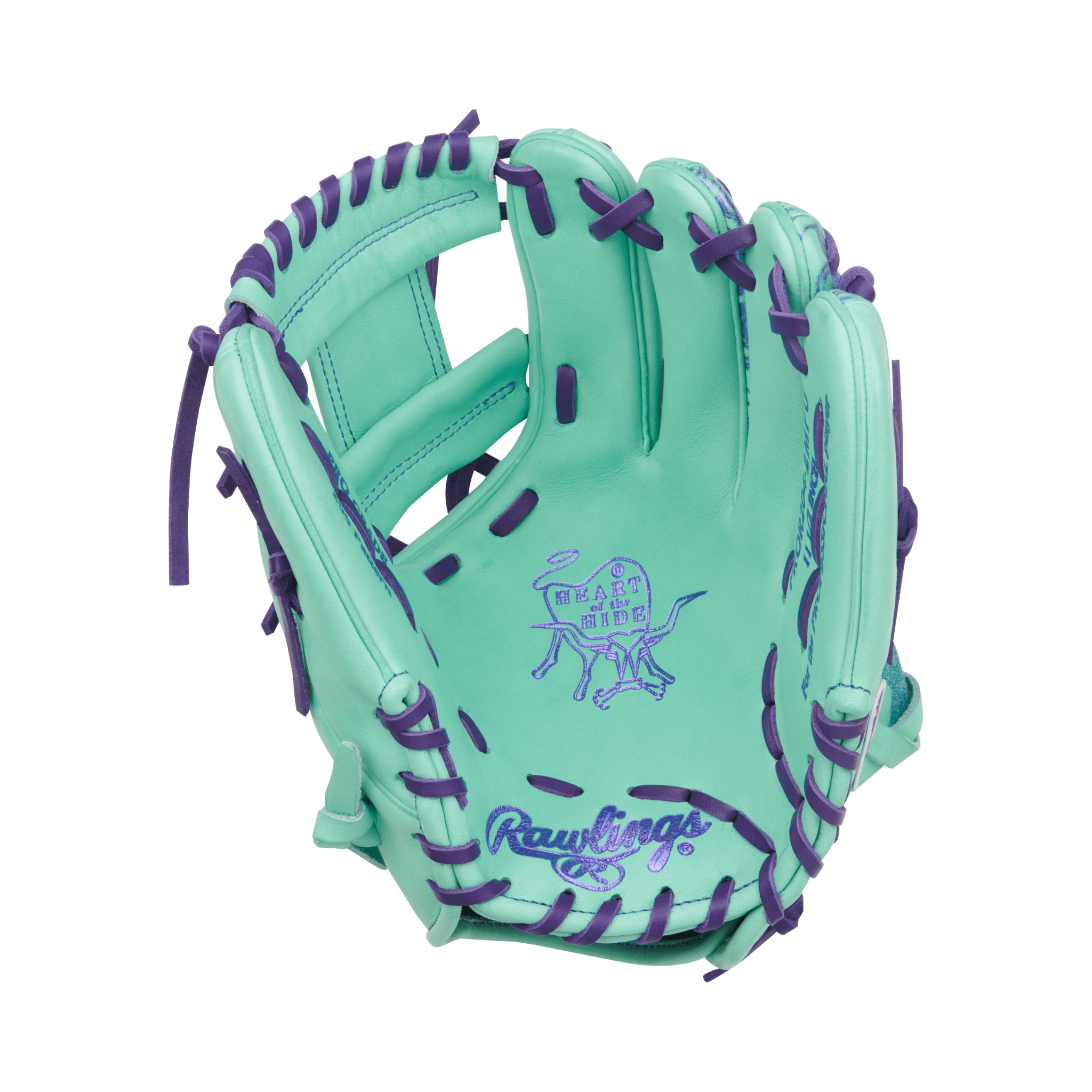 Palm view of Rawlings Heart of the Hide 11.5" Mint/Purple infield glove with deer-tanned cowhide lining and shallow pocket