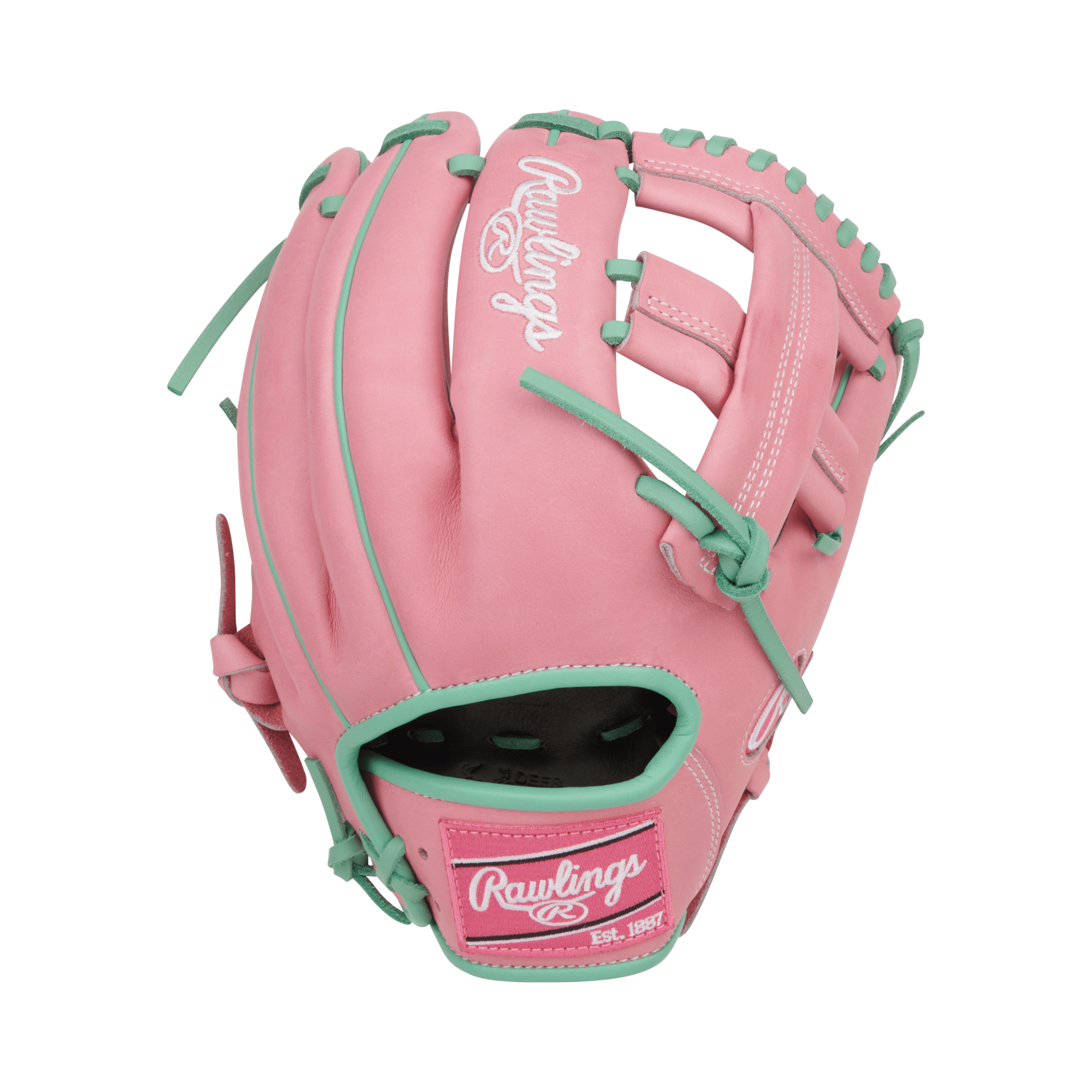 Back view of Rawlings Heart of the Hide 11.75" Pink/Mint baseball glove showing pro-grade steerhide leather and mint accents