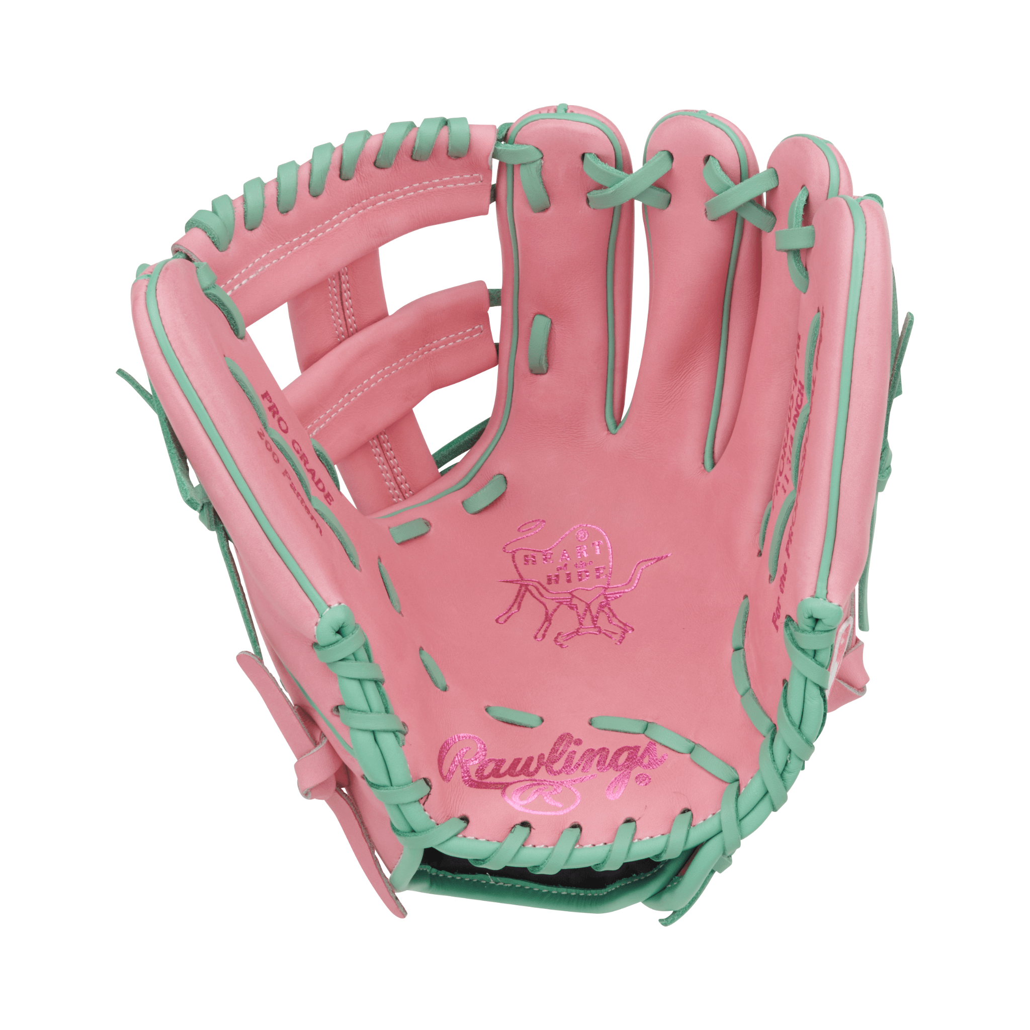 Palm view of Rawlings Heart of the Hide 11.75" Pink/Mint infield glove with Heart of the Hide leather and shallow pocket design