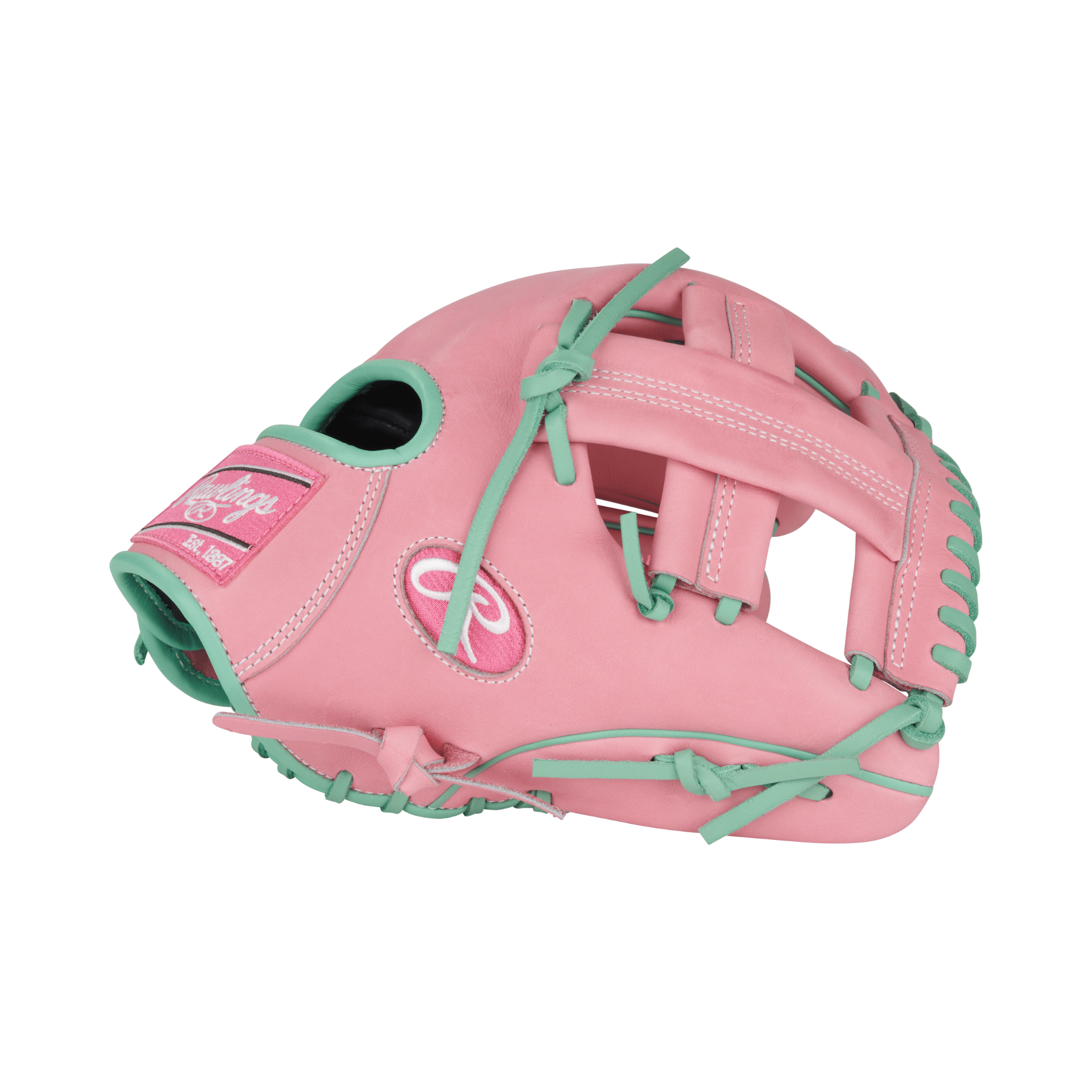 Close-up of thumb area on Rawlings Heart of the Hide 11.75" Pink/Mint glove with padded thumb sleeve for comfort