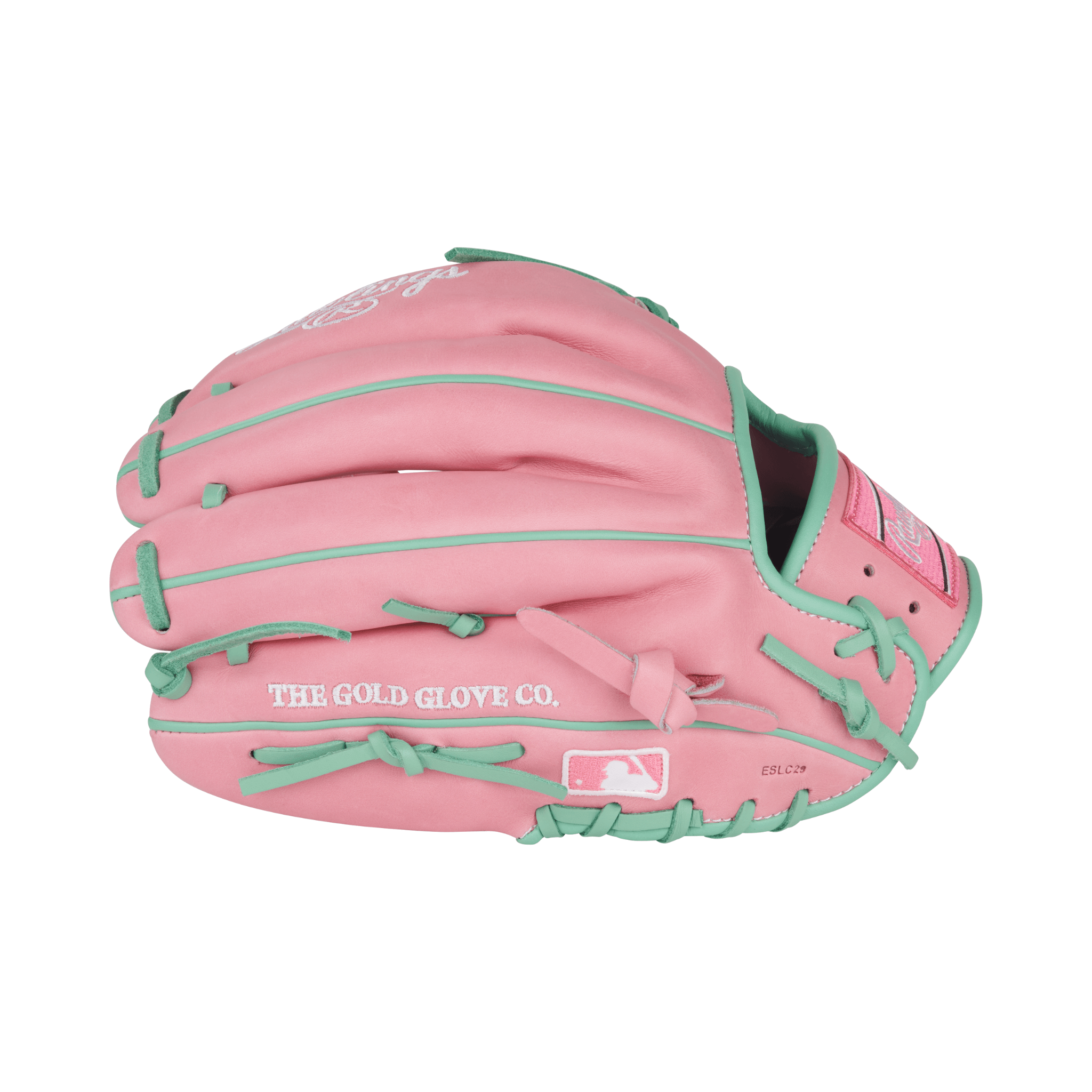 Close-up of finger stalls on Rawlings Heart of the Hide 11.75" Pink/Mint infield glove with durable lacing and Single Post web
