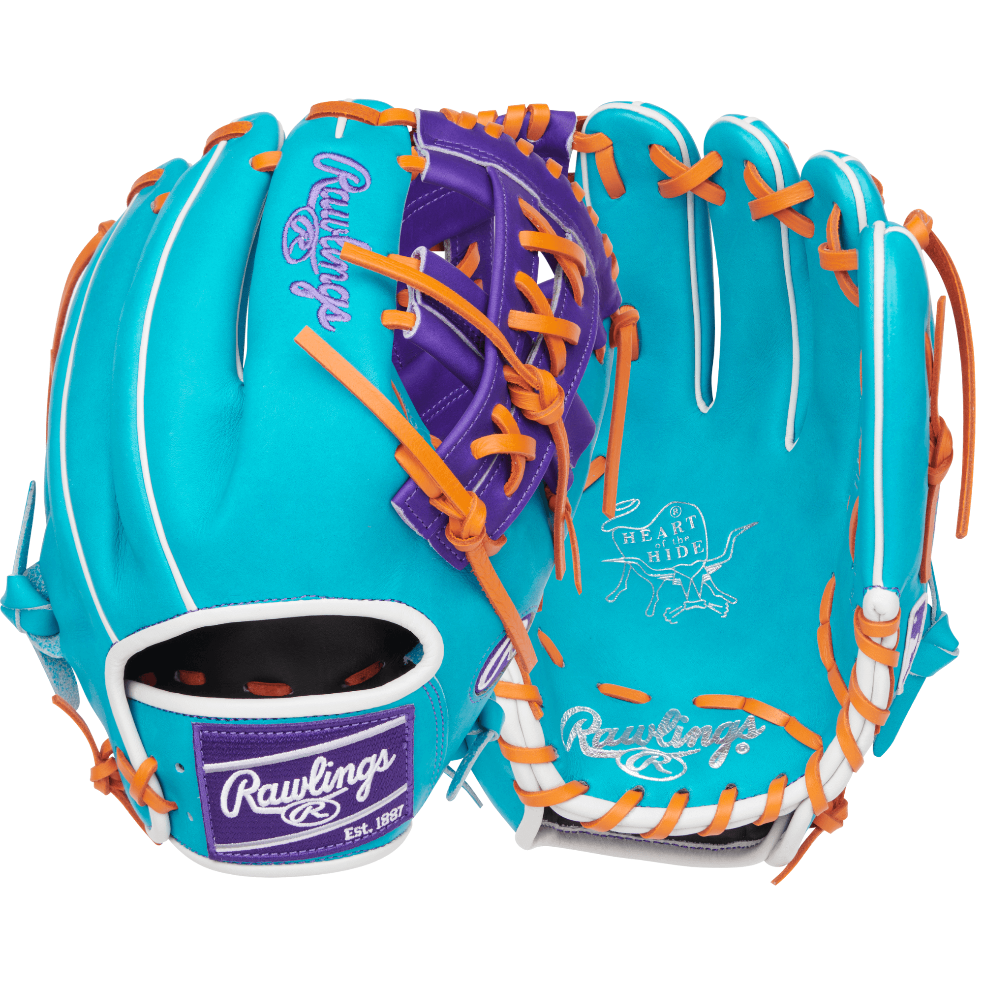 Back and palm view of the Rawlings April 2025 Gold Glove Club PROR205-32TEP 11.75" glove featuring teal and purple Heart of the Hide leather