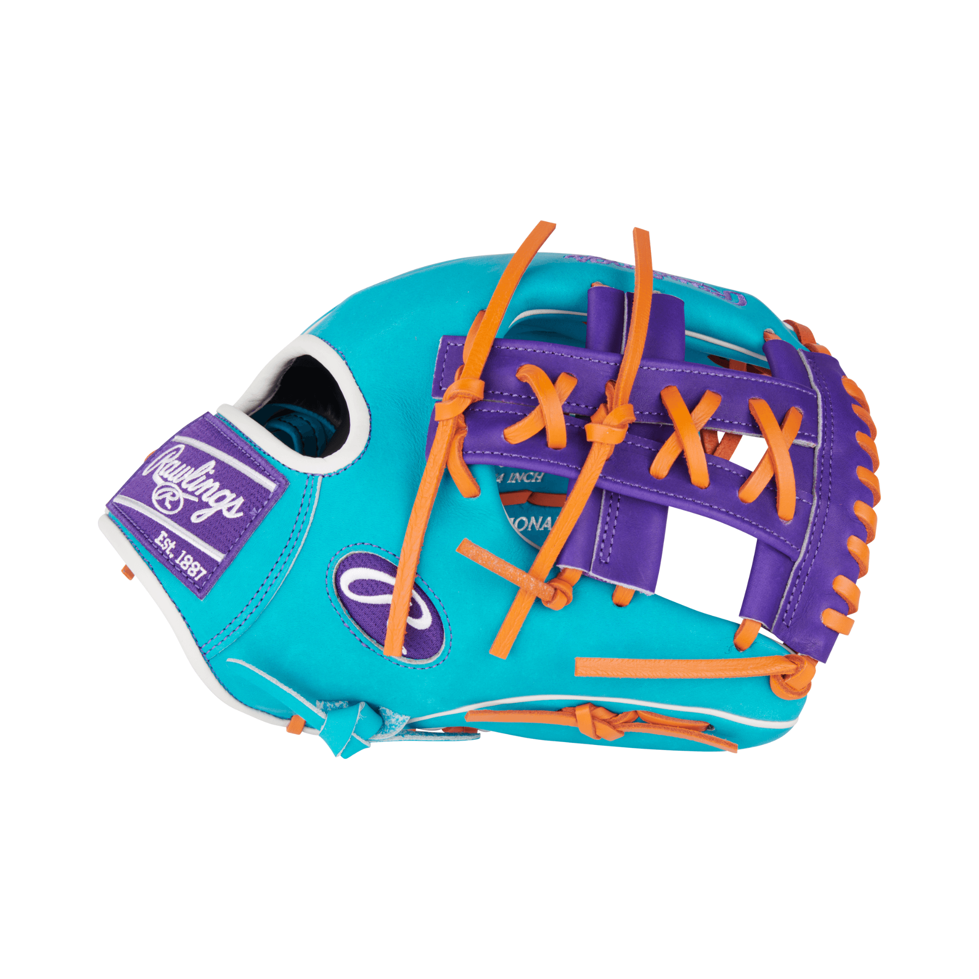 Close-up on the left side and thumb area of the Rawlings 11.75" mitt highlighting the durable Heart of the Hide leather in teal and purple.