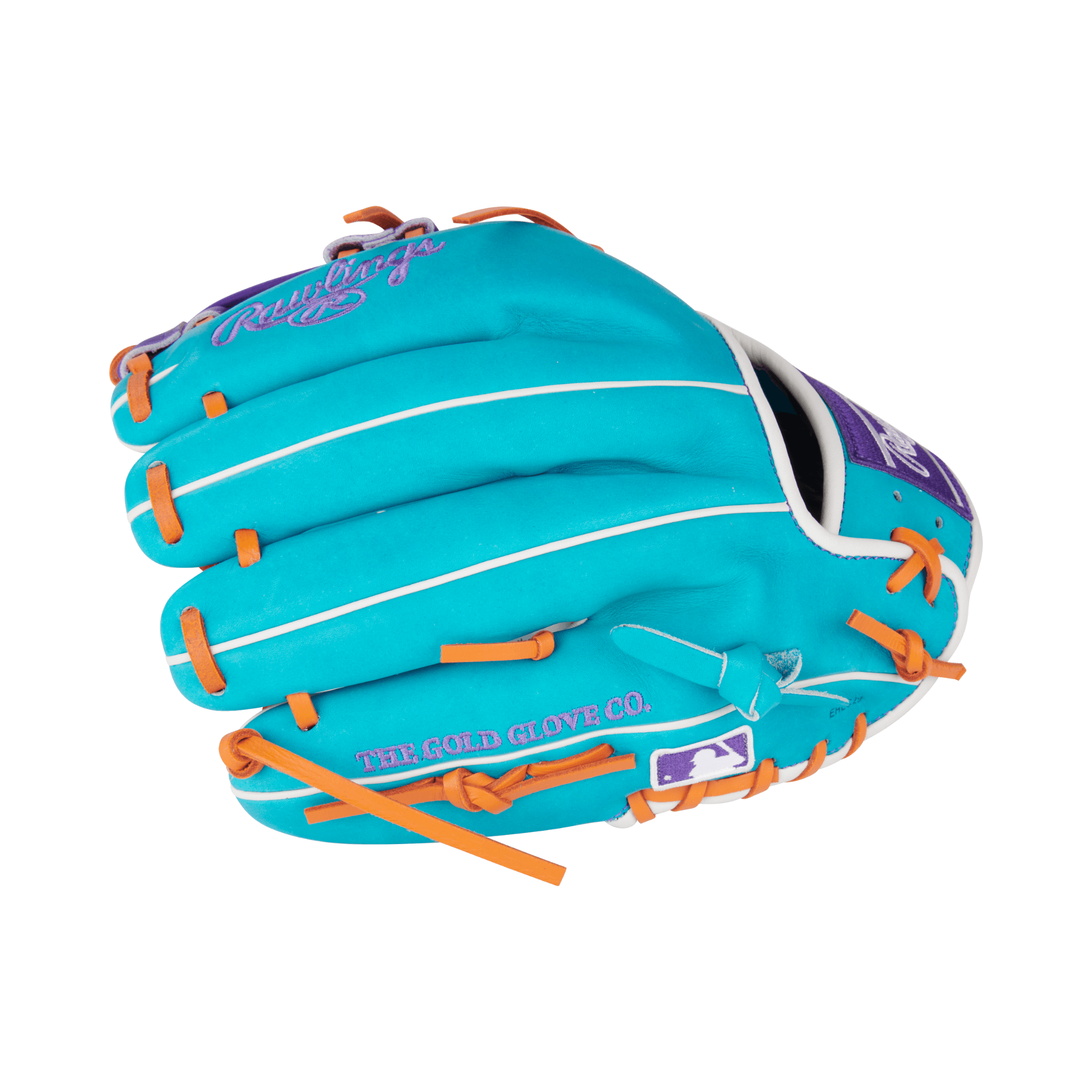 Right side and finger detail of the Rawlings PROR205-32TEP glove displaying the Split Single Post web and vibrant teal and purple colors
