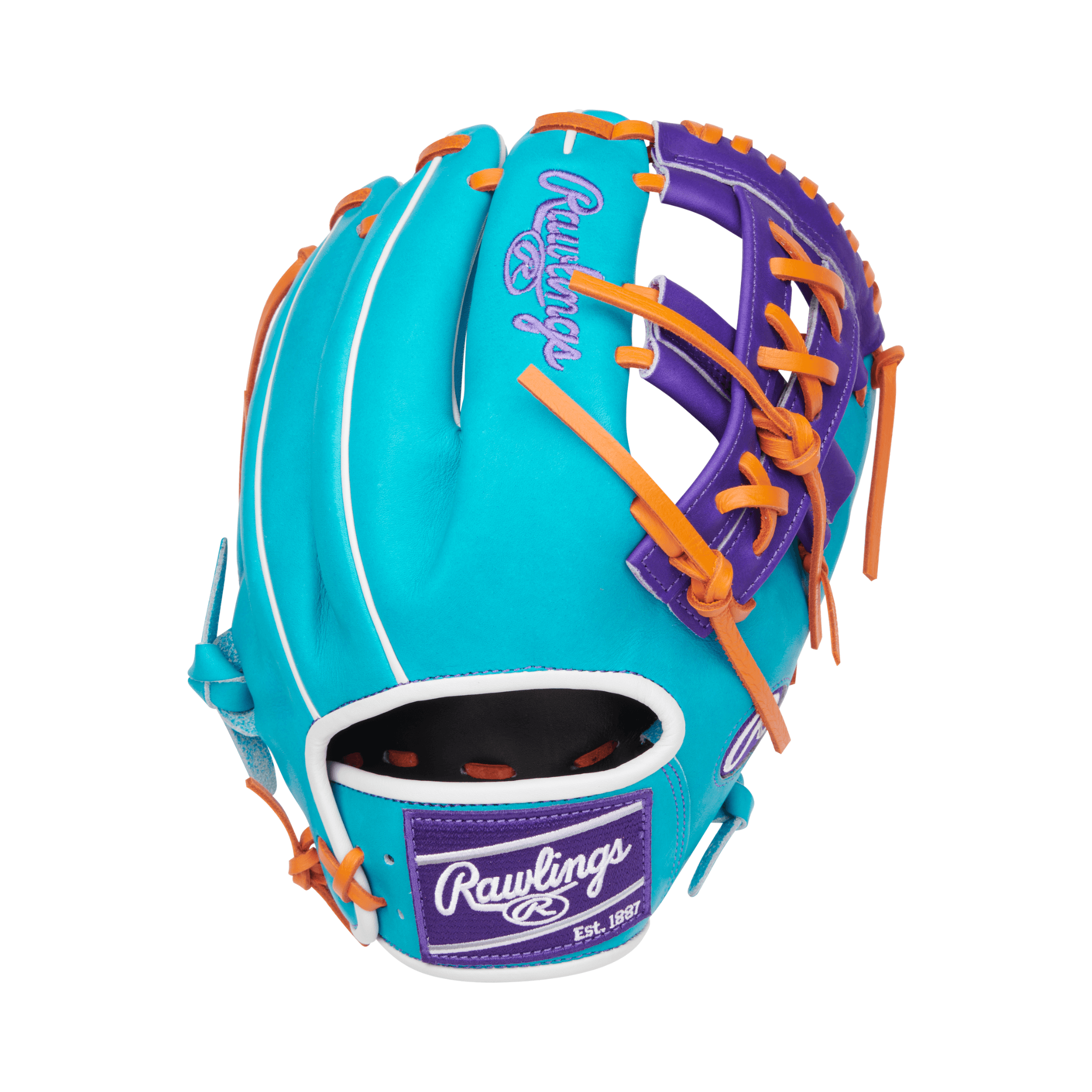 Back view of the Rawlings Gold Glove Club 11.75" with teal and purple Heart of the Hide leather and purple embroidered Rawlings patch