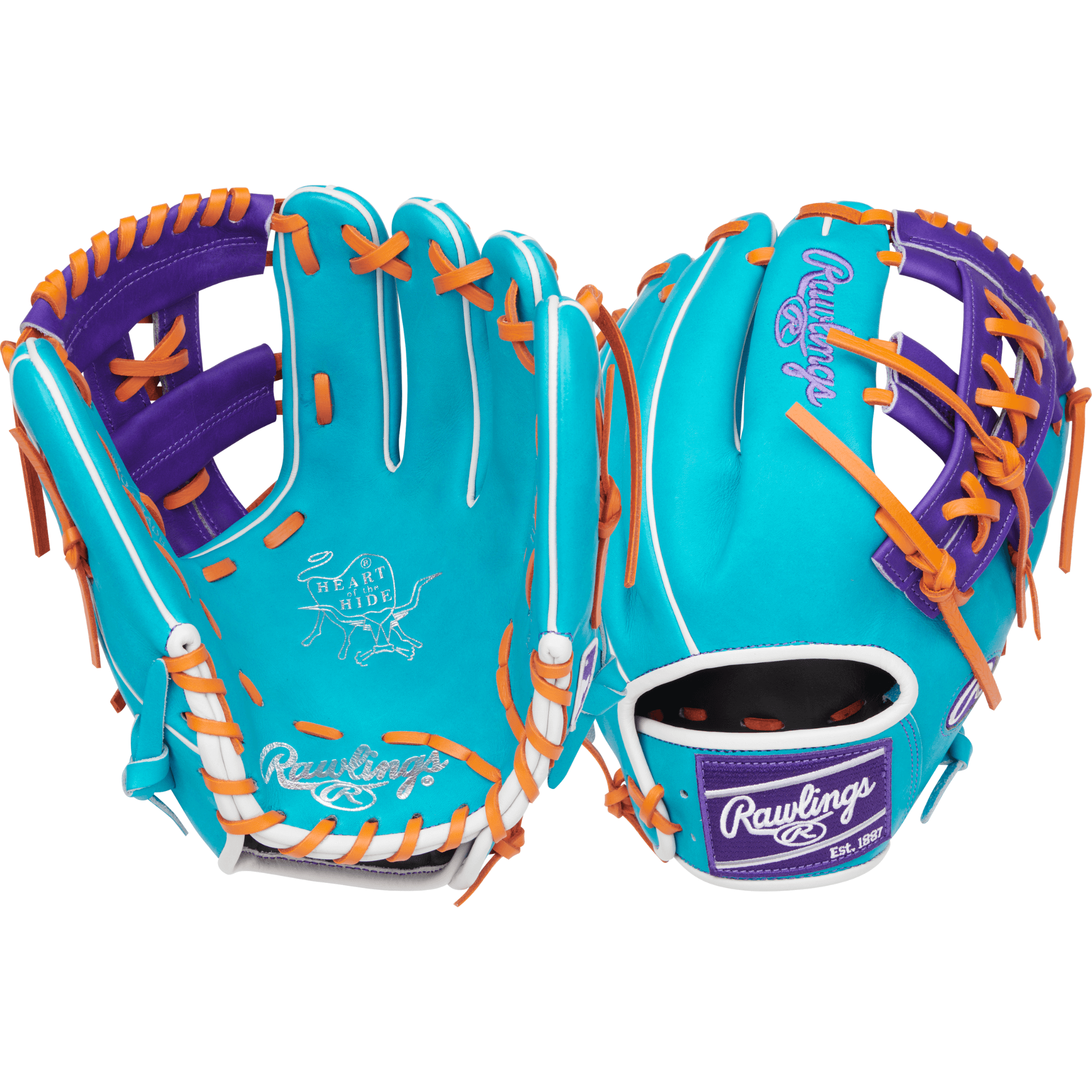 Front and palm perspective of the Rawlings PROR205-32TEP 11.75" glove showcasing the Split Single Post web and purple embroidered Rawlings patch