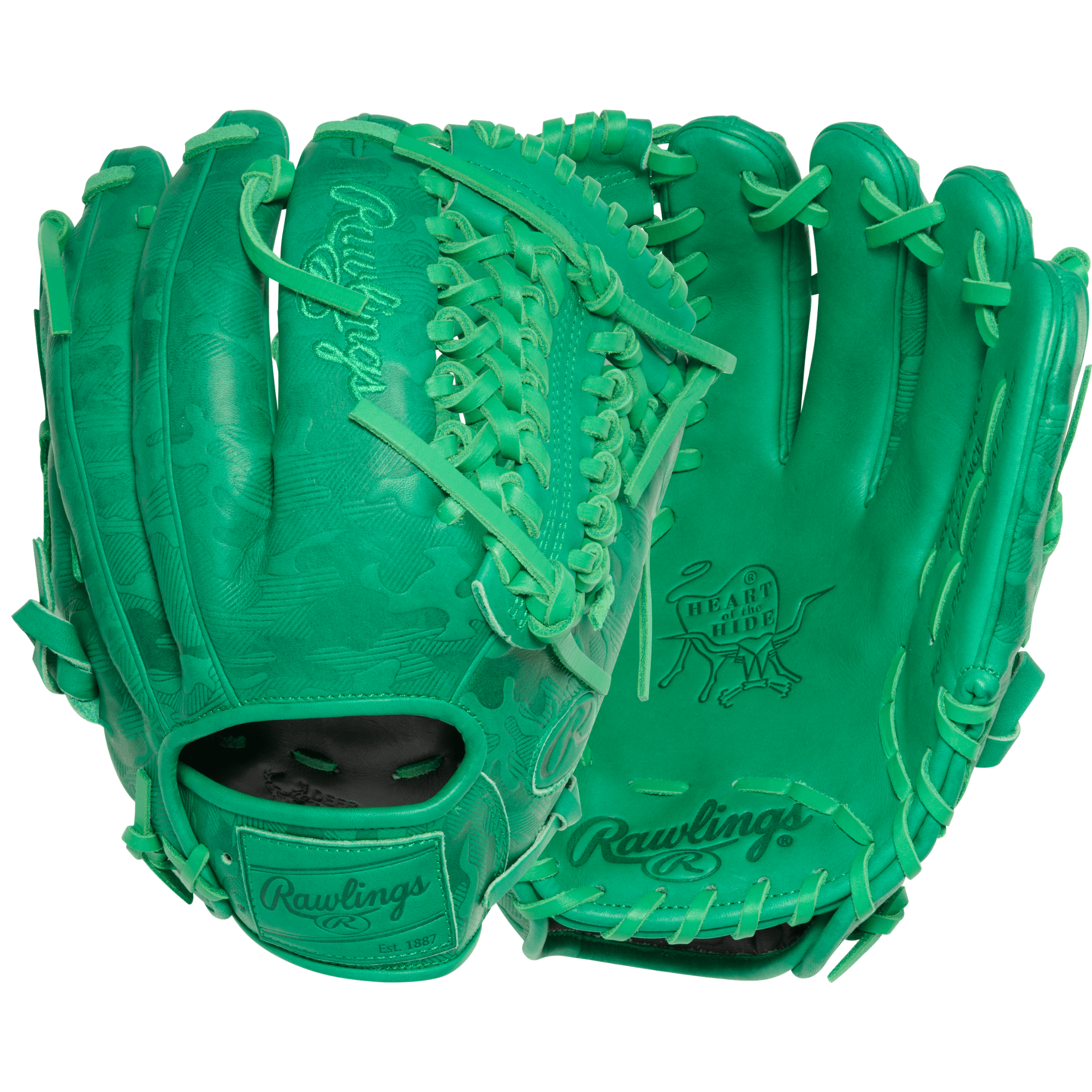 Rawlings HOH ColorSync 10 Kelly Green Camo 11.75" Baseball Glove palm and backhand view with camo pattern and green lacing.