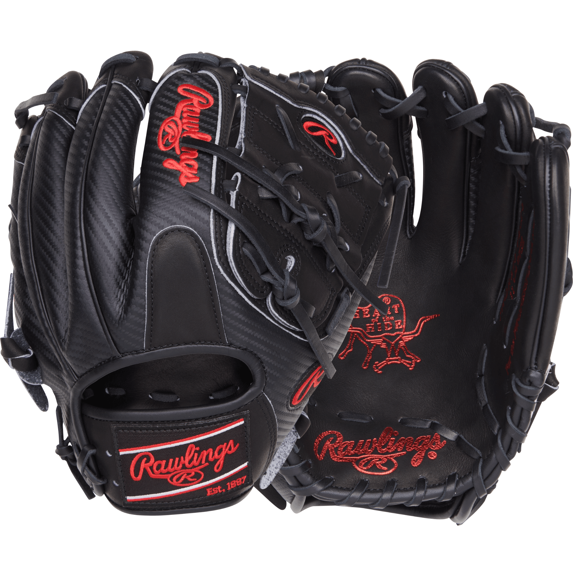 Rawlings Heart of the Hide 11.75-inch black infield/pitcher's glove with red accents, lightweight and stylish.