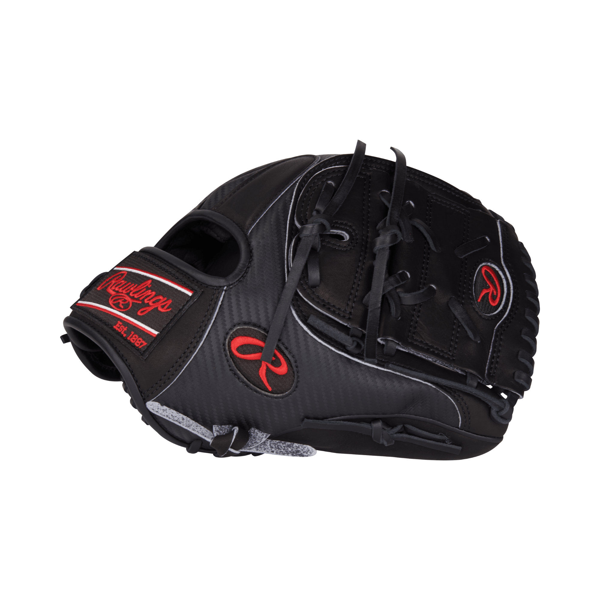 Rawlings Heart of the Hide 11.75" black hypershell infield pitcher glove with red accents.