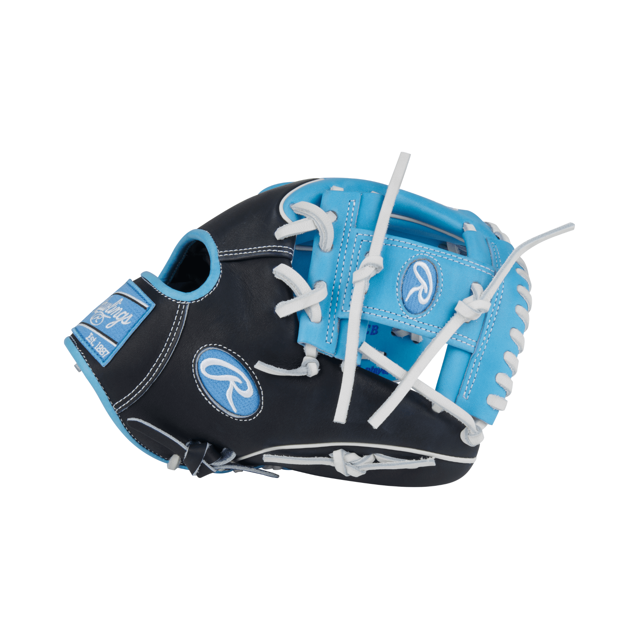 Close-up of thumb area on Rawlings Heart of the Hide 11.75" Columbia Blue/Black glove with padded thumb sleeve for comfort