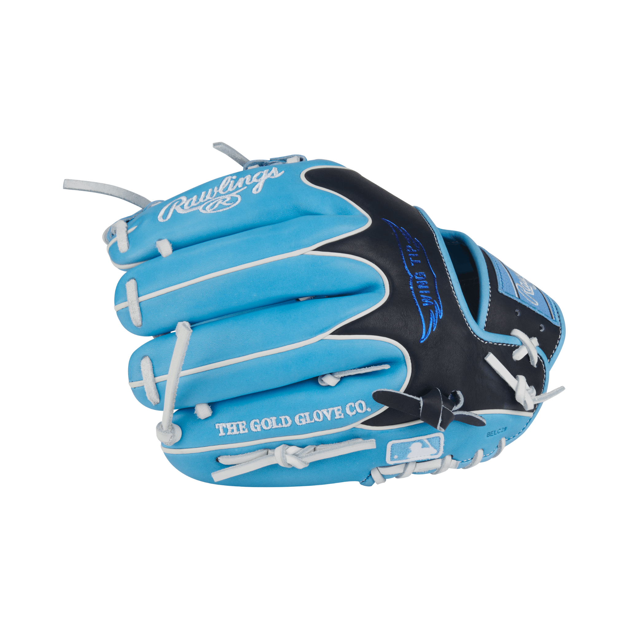 Close-up of finger stalls on Rawlings Heart of the Hide 11.75" Columbia Blue/Black infield glove with Pro I web for precision fielding
