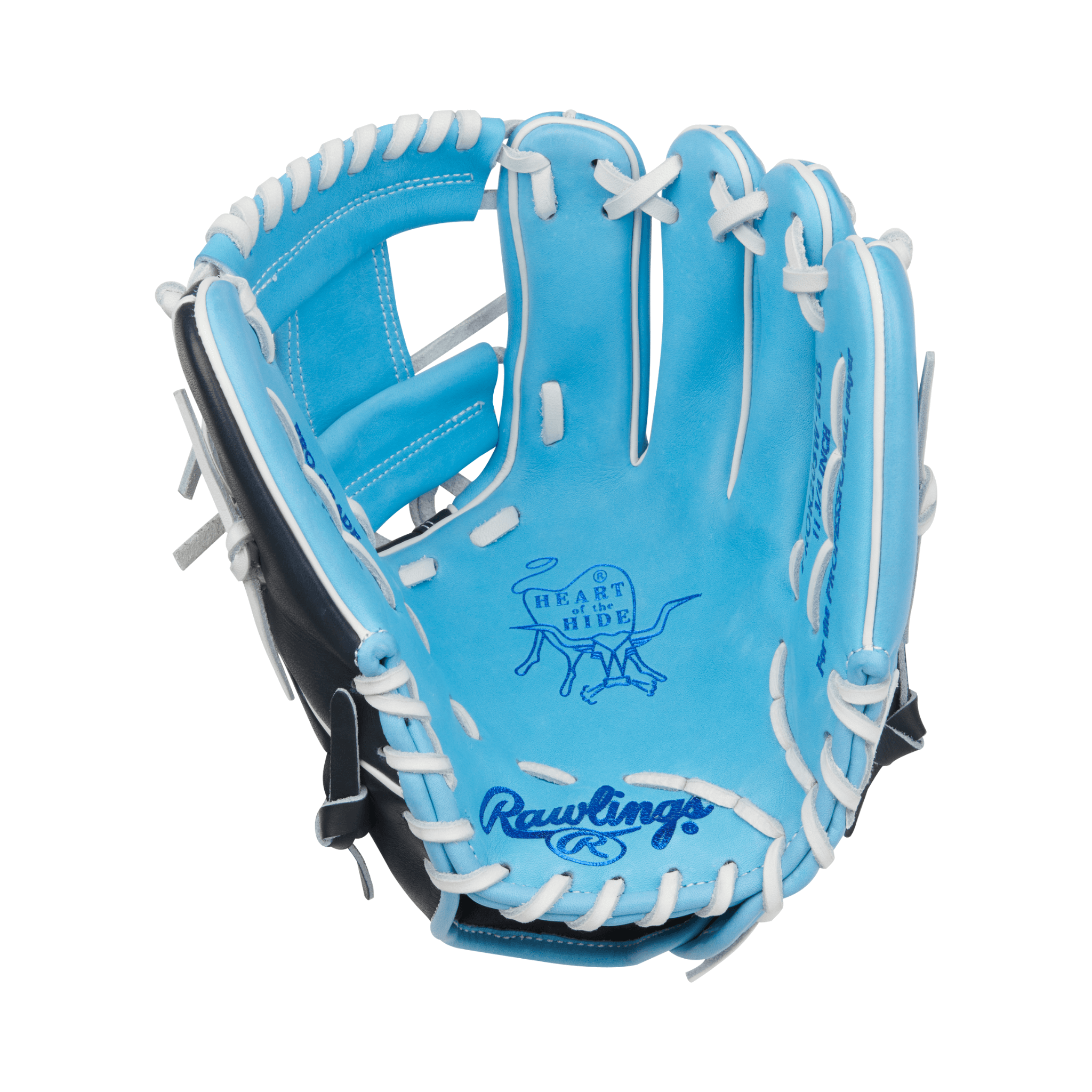 Palm view of Rawlings Heart of the Hide 11.75" Columbia Blue/Black infield glove showing premium steerhide leather and deep pocket