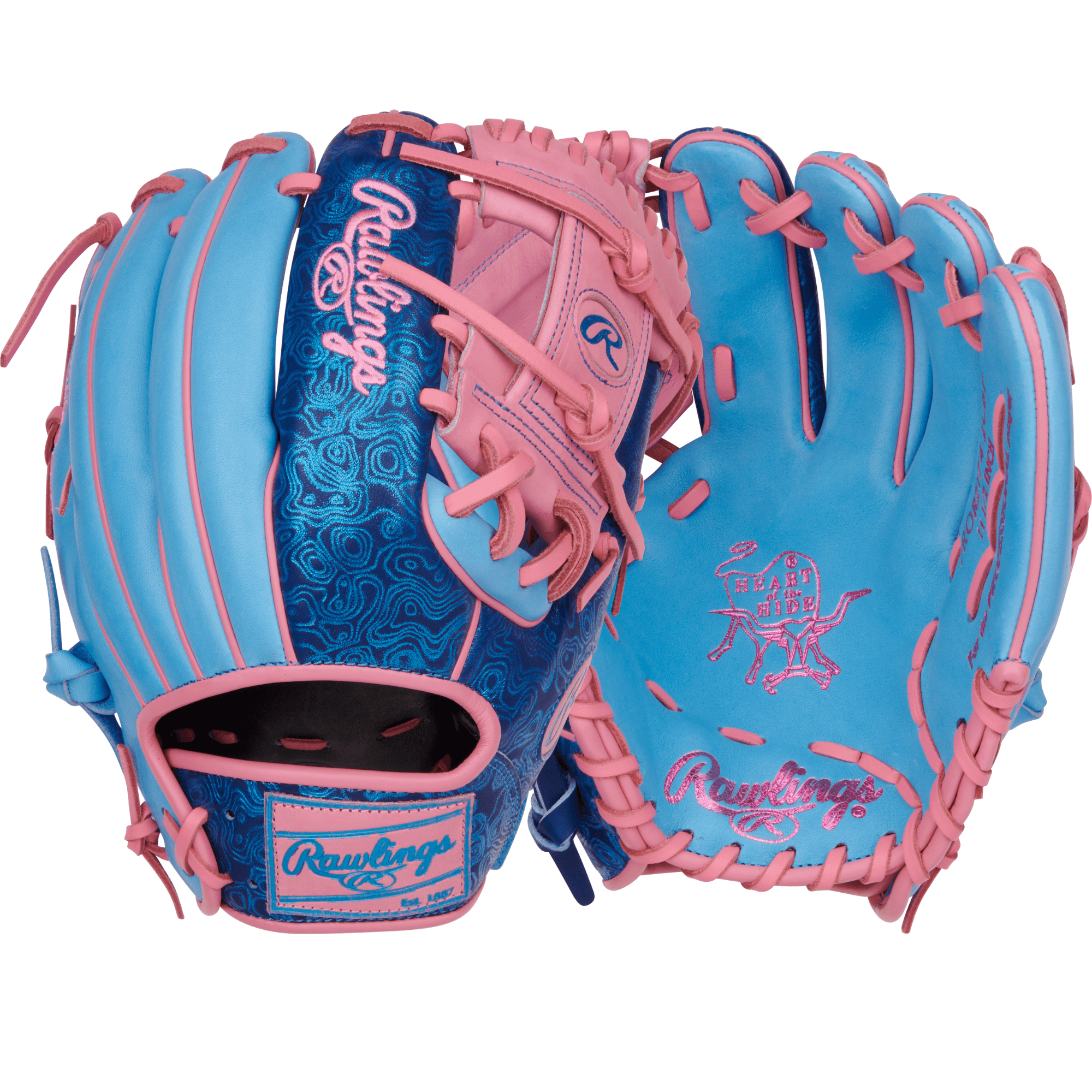Rawlings Vibrant Series Heart of the Hide 11.5 glove in Columbia blue and pink with Pro-I web design.